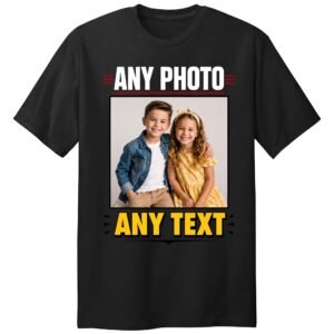 Personalised black t-shirt printed with any photo and any text
