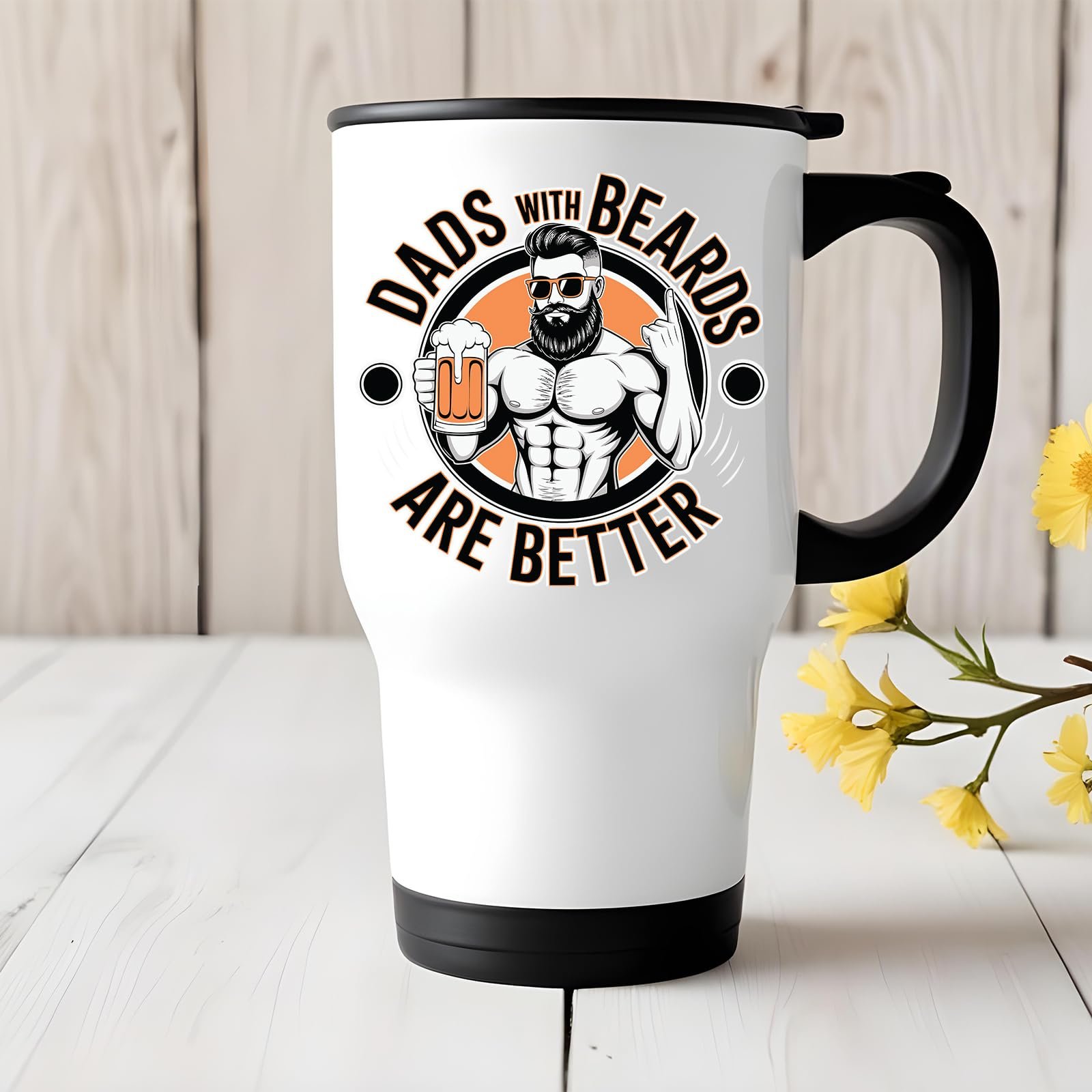 71autp6dnrl.jpg Dads with Beards travel mug on a white wooden table with yellow flowers