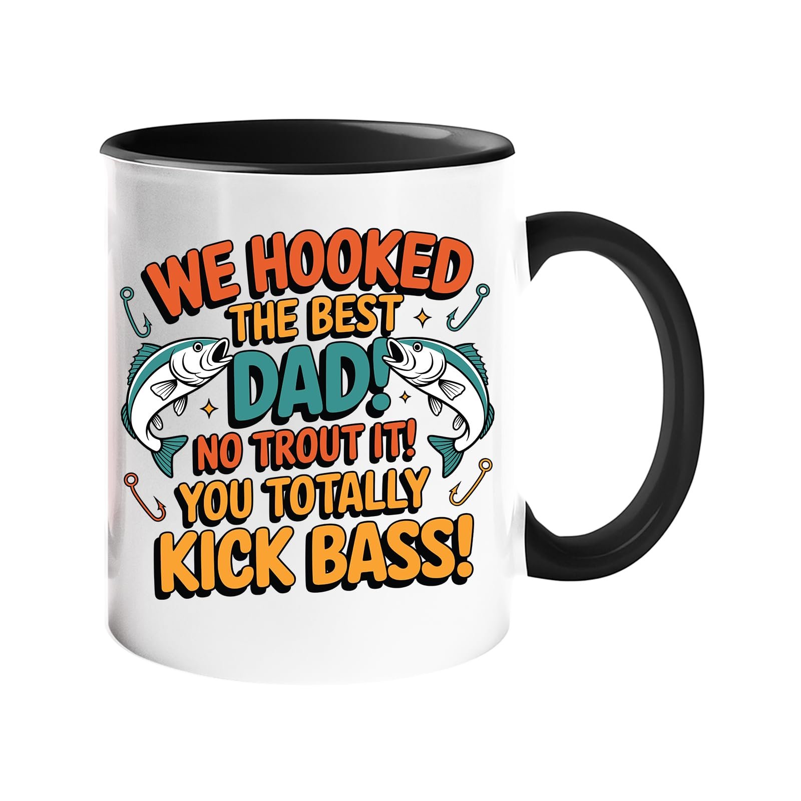 71bkdmikixl.jpg Colour handle mug with two leaping fish and “We hooked the best Dad! No trout about it! You totally kick bass!” – black handle and inside