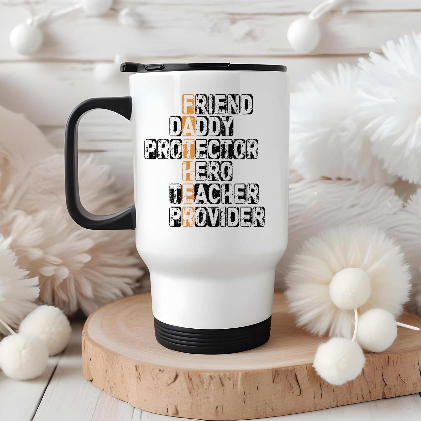 71c0qu i6jl.jpg FATHER acrostic travel mug on a wooden slice with white pom-poms