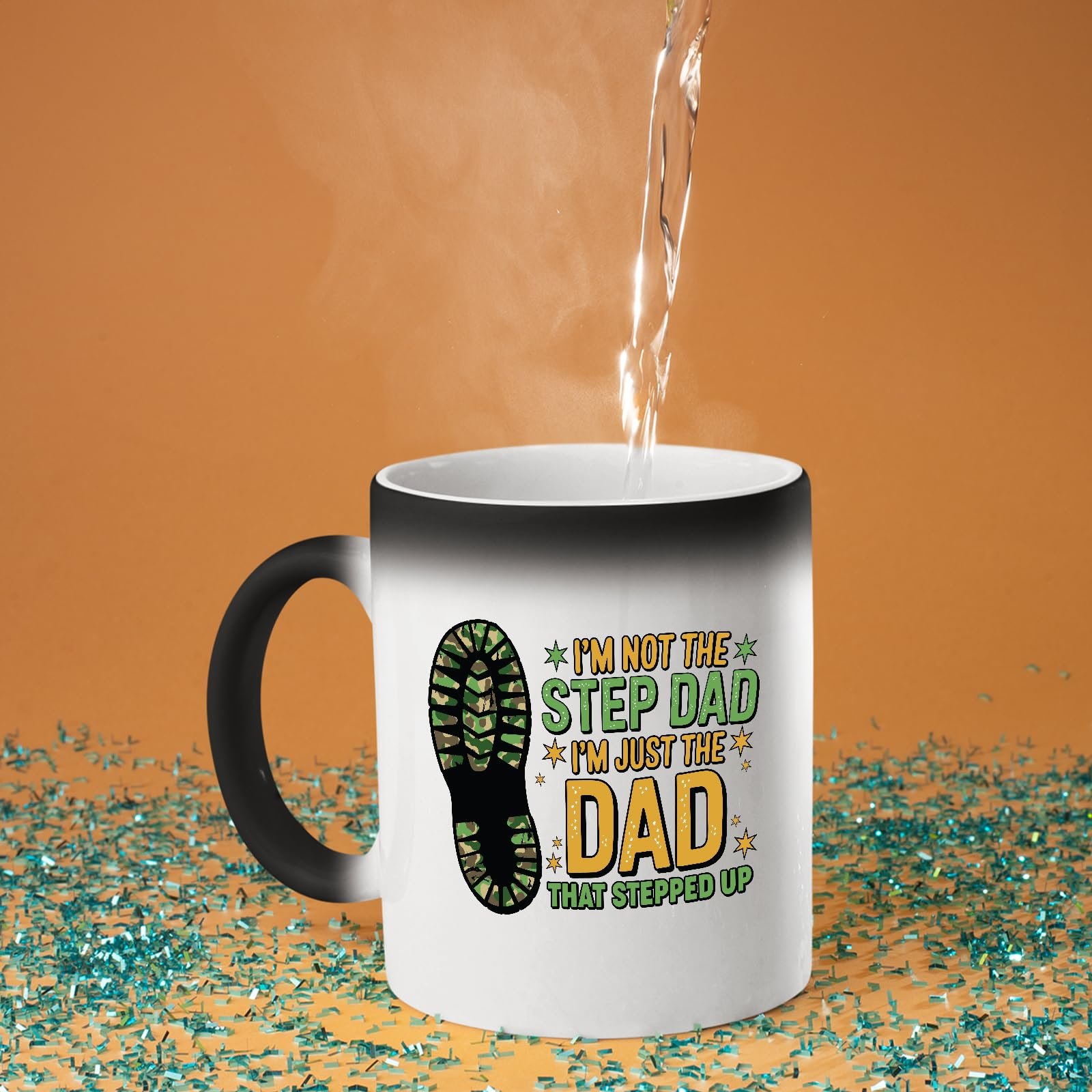 71cpfosftnl.jpg Hot water poured into the Dad That Stepped Up colour changing mug as the design appears