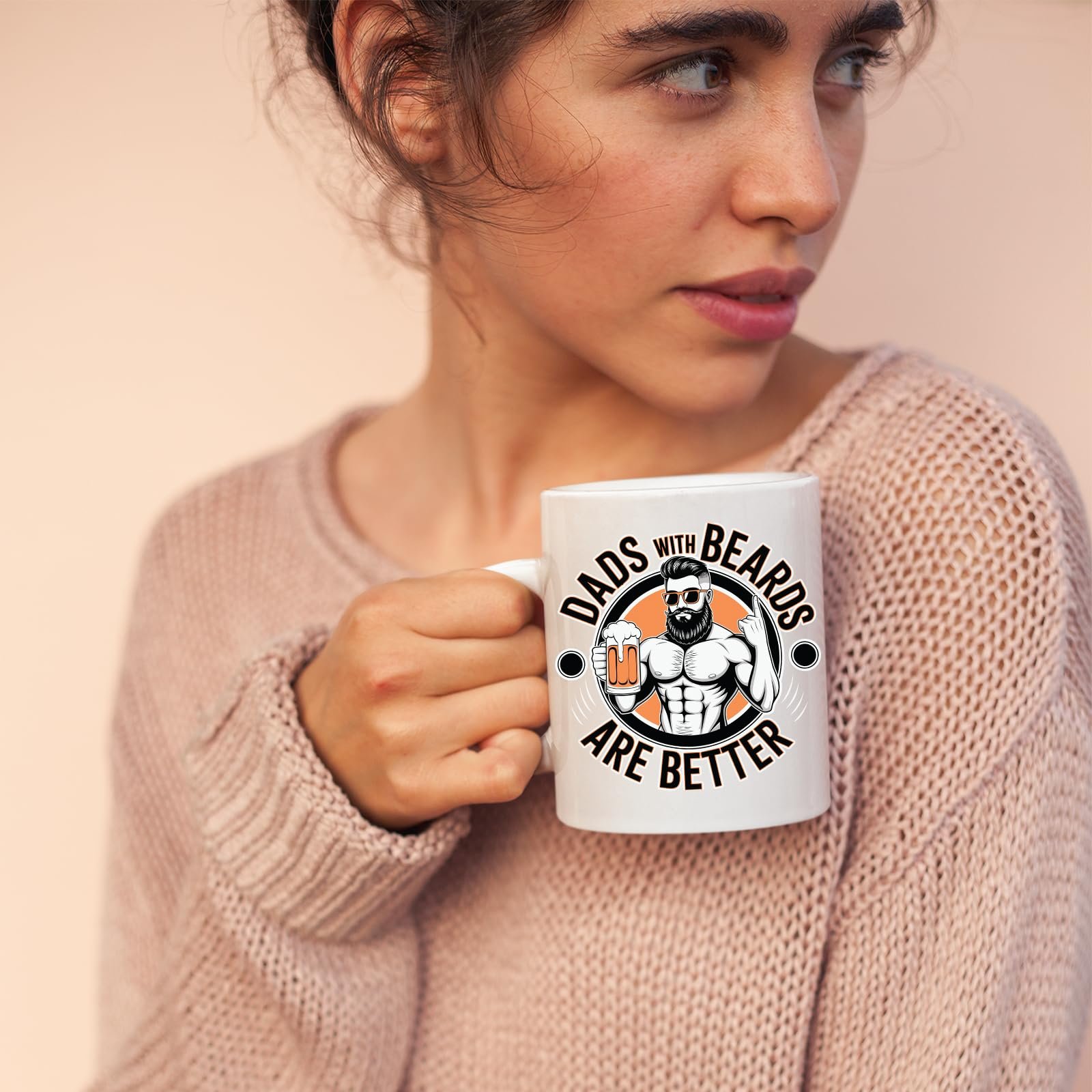 71cvpdm6hjl.jpg Woman in a pink jumper holding the Dads with Beards mug