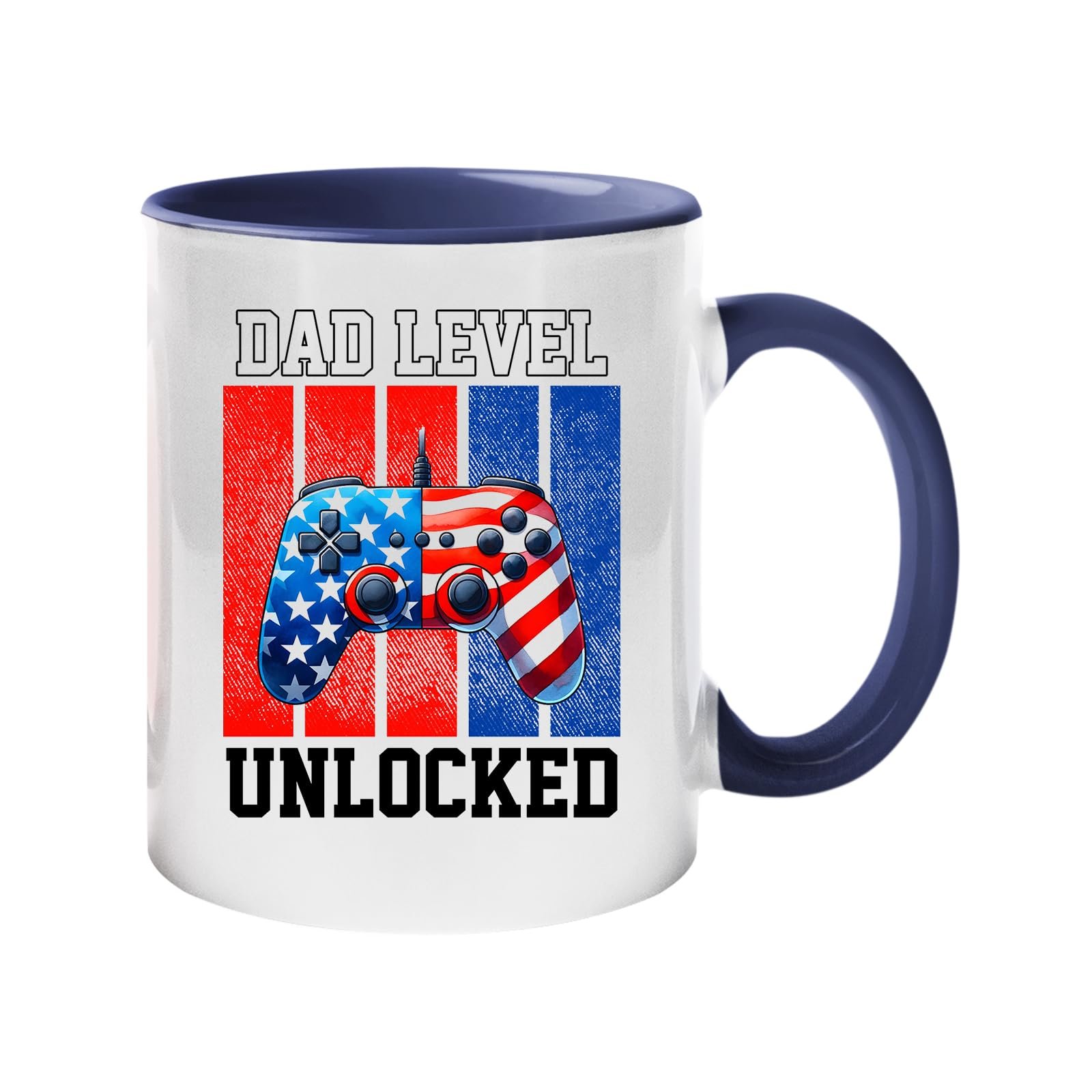 71elfap0ill.jpg Colour handle mug with a stars-and-stripes game controller and “Dad level unlocked” – dark blue handle and inside