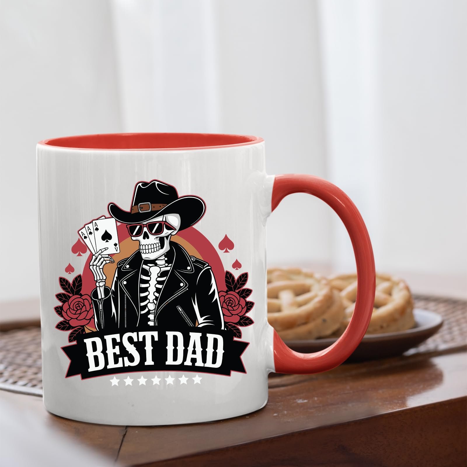 71ev80xs7gl.jpg Best Dad skeleton cowboy mug with a red handle beside biscuits