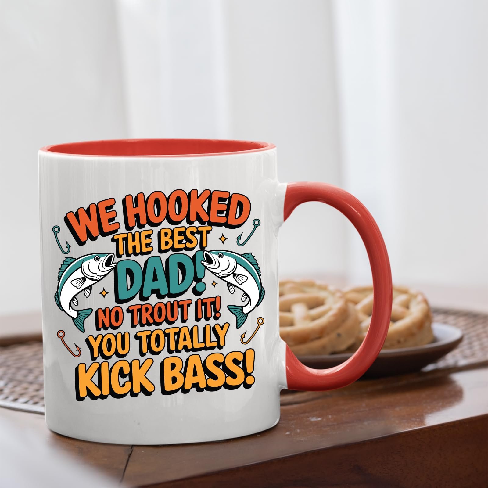 71ef ecw4zl.jpg We Hooked the Best Dad mug with a red handle beside biscuits