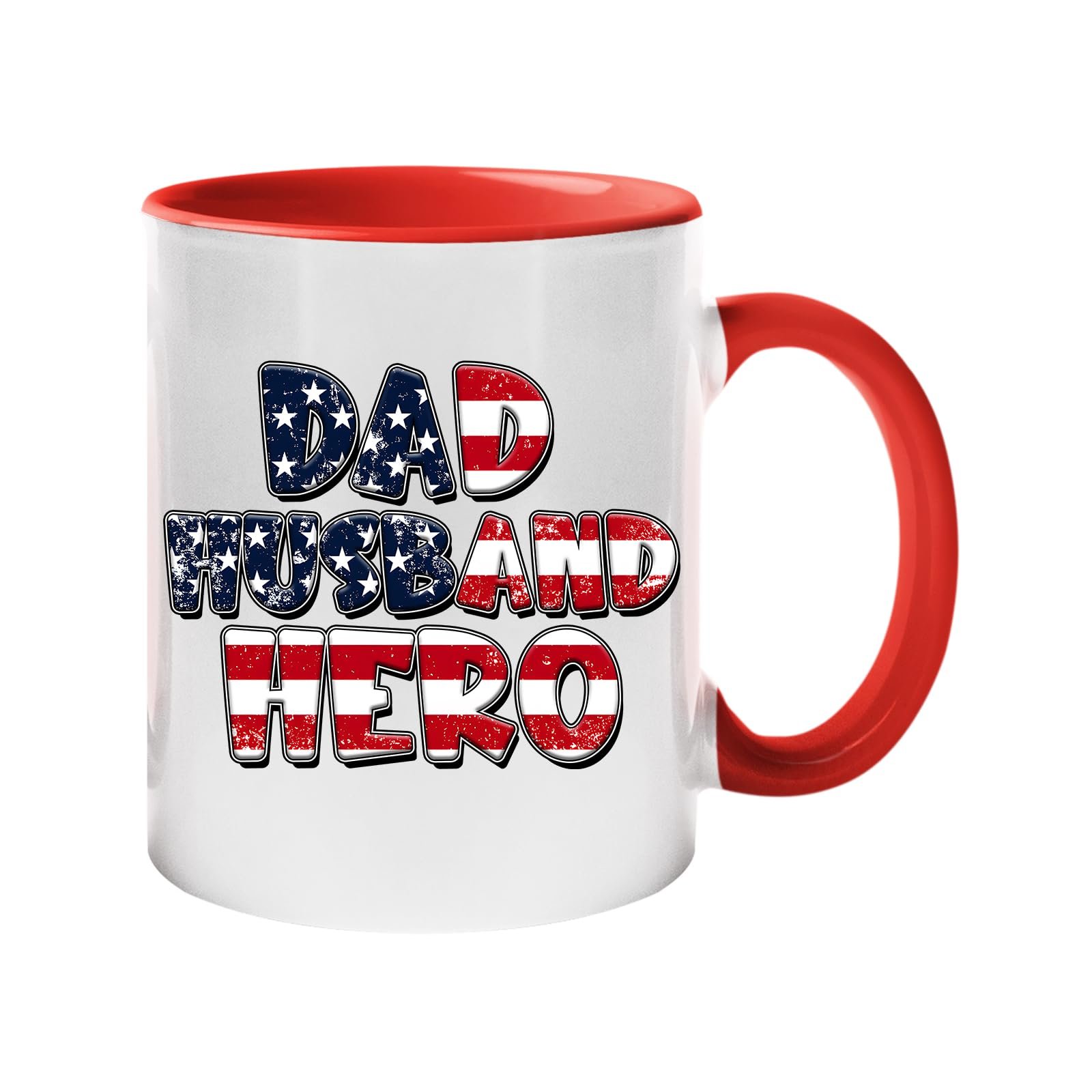 71fnybp6gal.jpg Colour handle mug with “Dad, Husband, Hero” in stars-and-stripes lettering – red handle and inside