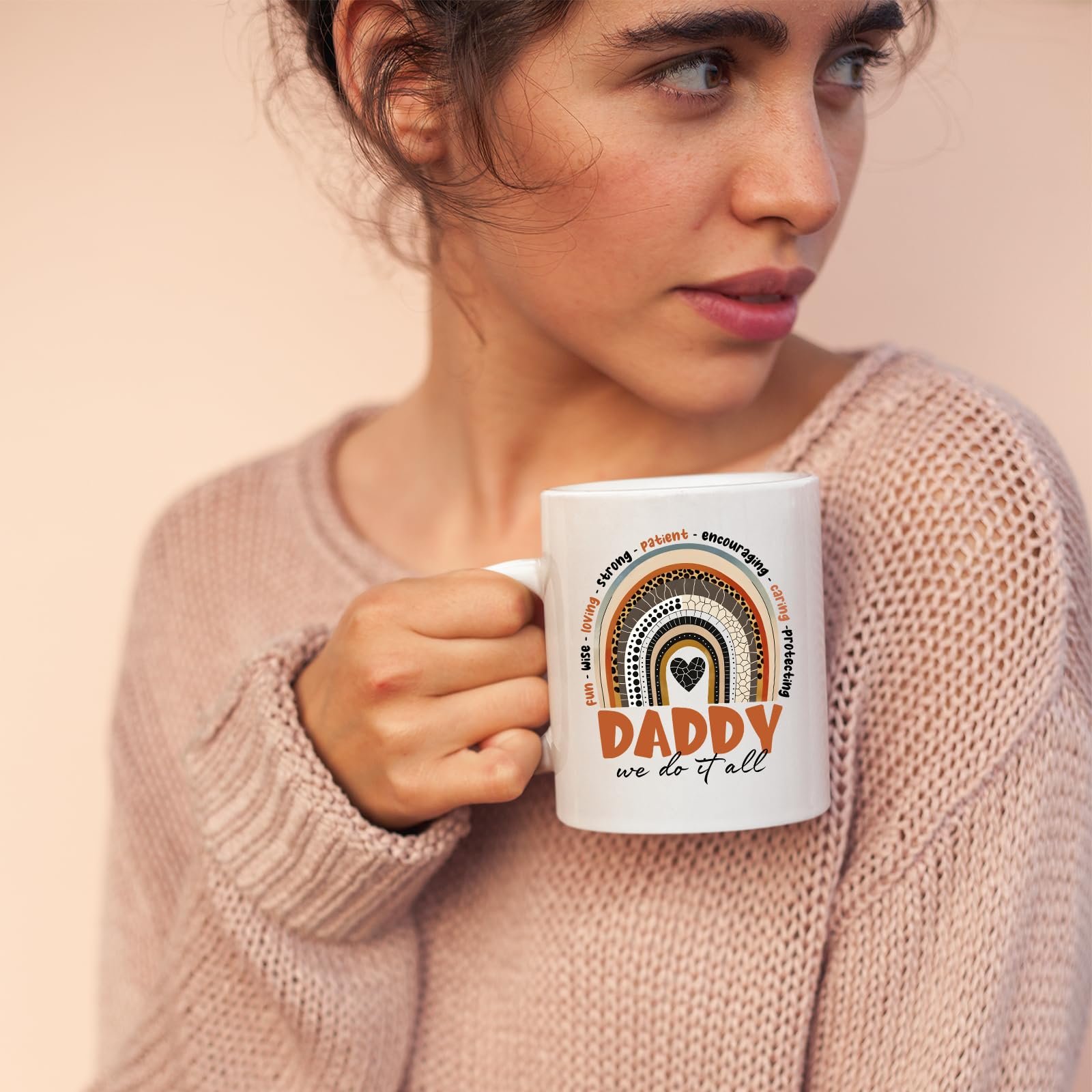 71gm6aekcxl.jpg Woman in a pink jumper holding the Daddy boho rainbow mug