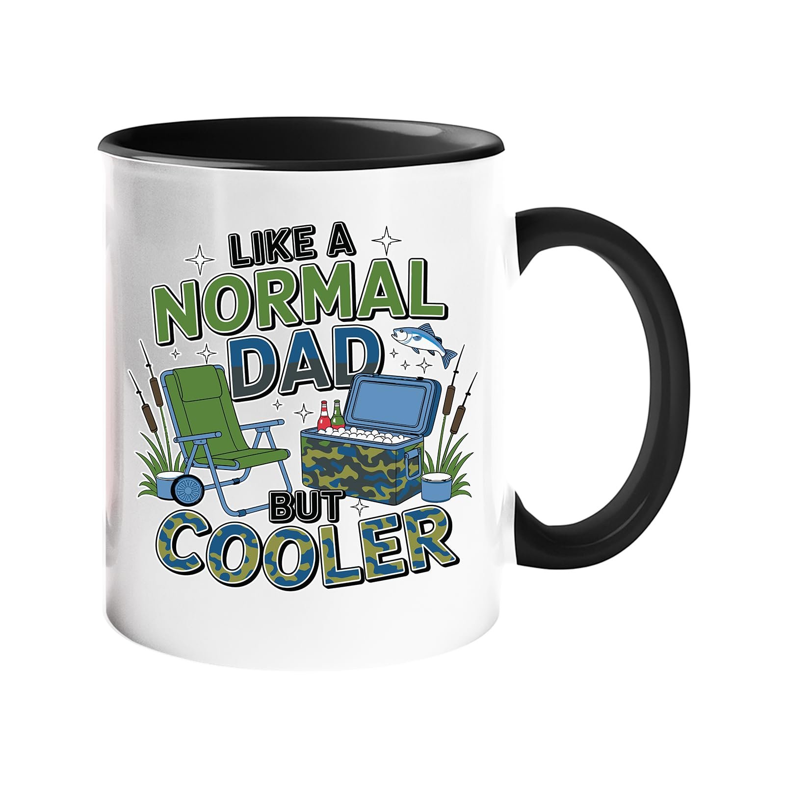 71gp qqme8l.jpg Colour handle mug with camping chairs, a cool box and a fishing rod with “Like a normal dad, but cooler” – black handle and inside