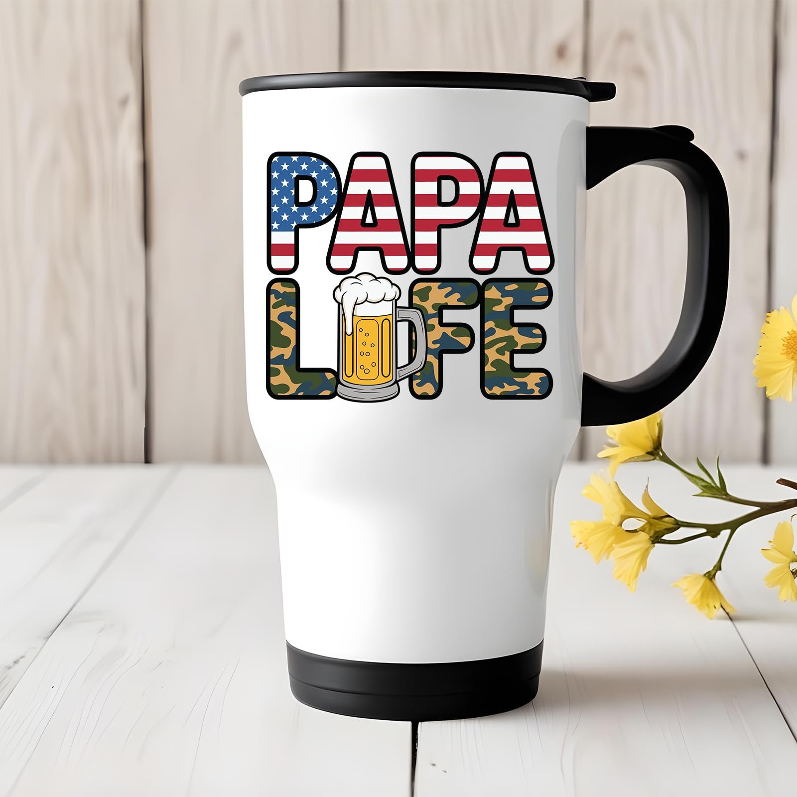 71h1 rnegil.jpg Papa Life travel mug on a white wooden table with yellow flowers