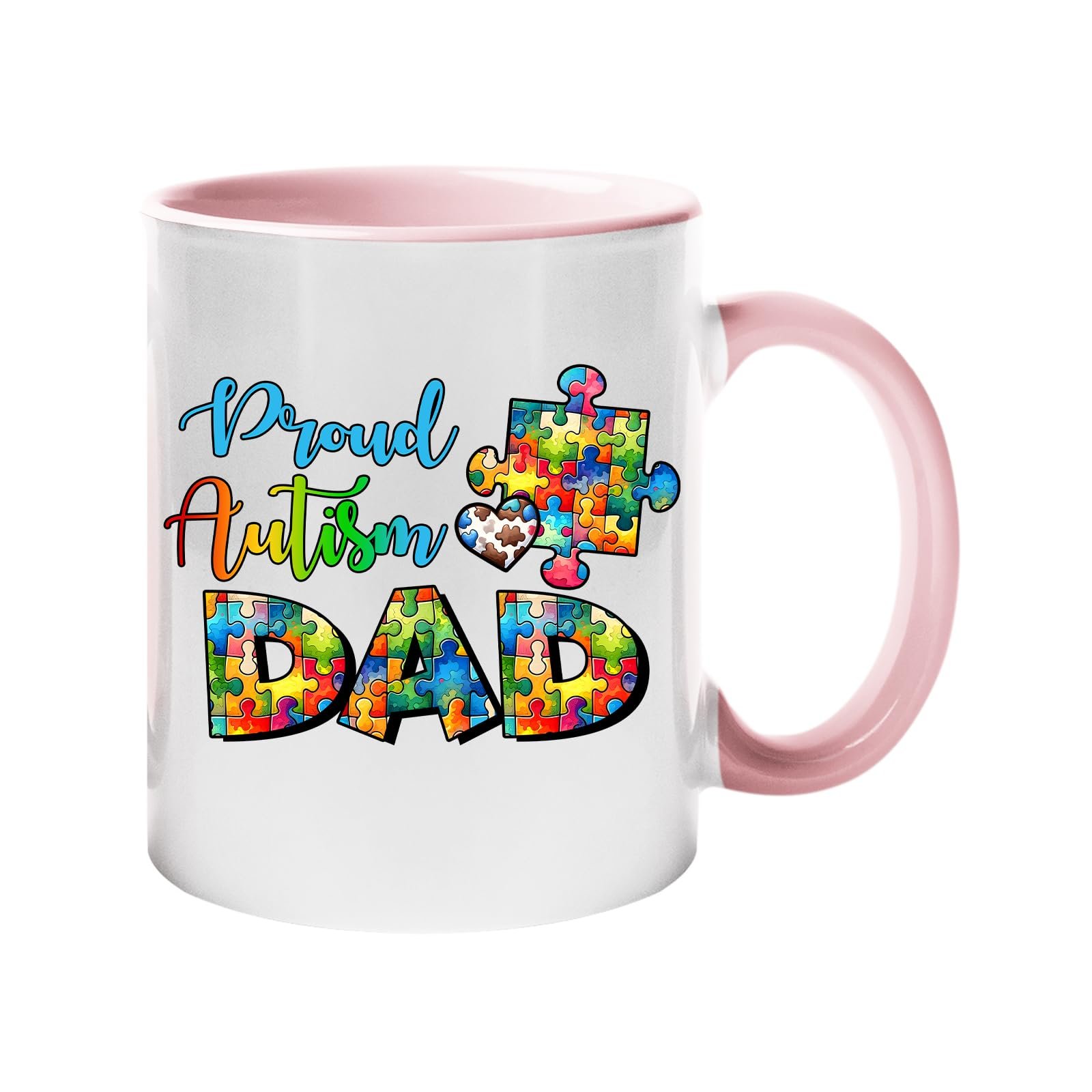 71hs4u2s61l.jpg Colour handle mug with “Proud Autism Dad” with letters filled with colourful puzzle pieces – light pink handle and inside
