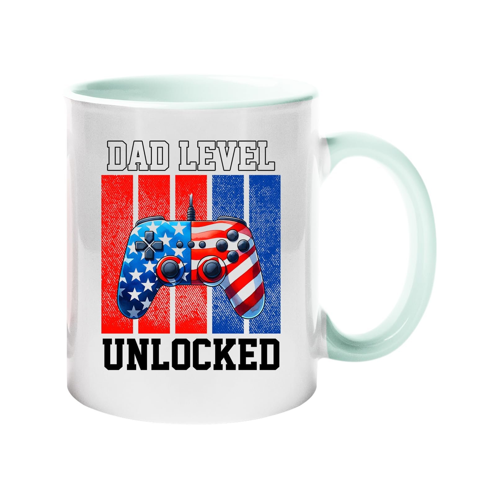 71i8jbzjvml.jpg Colour handle mug with a stars-and-stripes game controller and “Dad level unlocked” – lime handle and inside