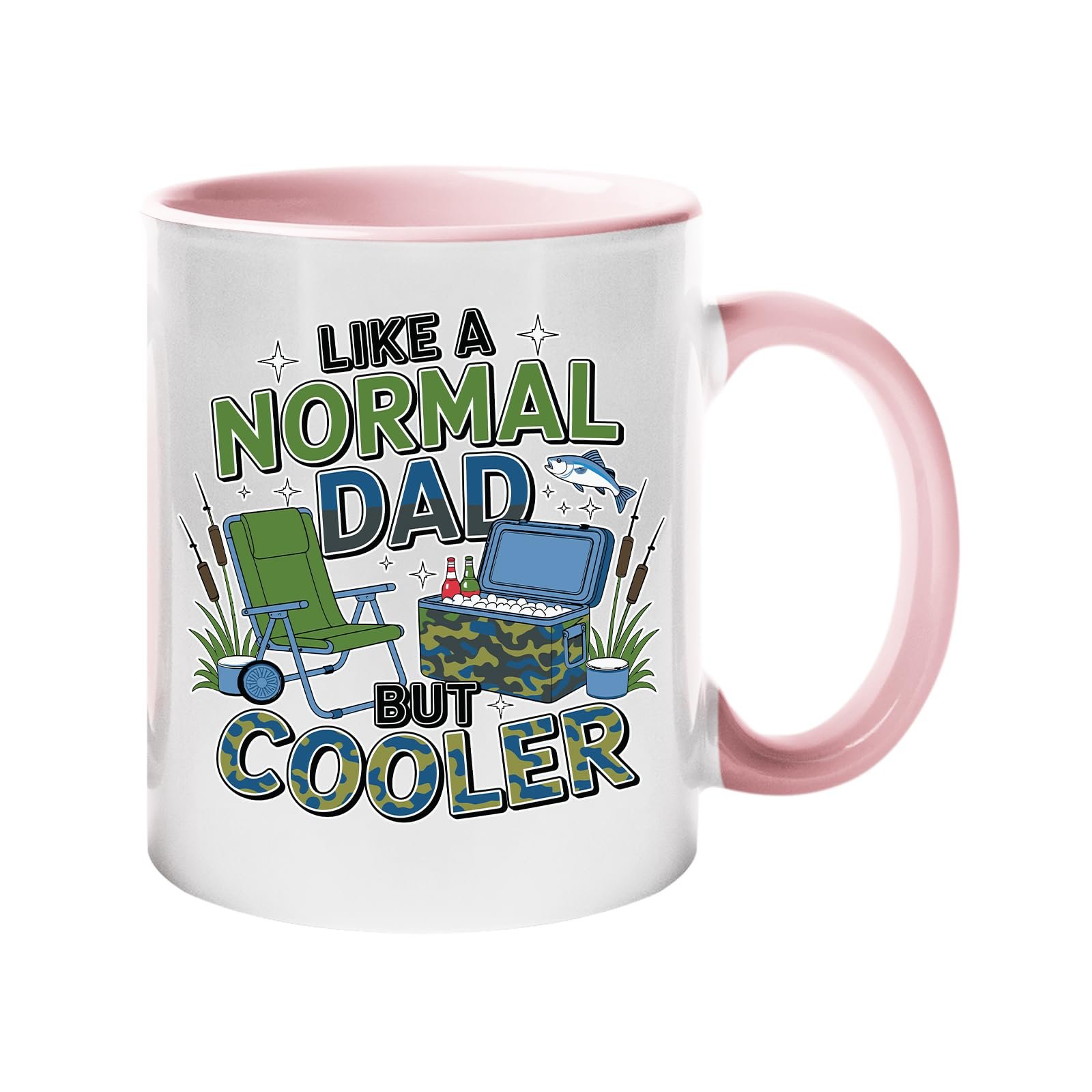 71iulnssh7l.jpg Colour handle mug with camping chairs, a cool box and a fishing rod with “Like a normal dad, but cooler” – light pink handle and inside