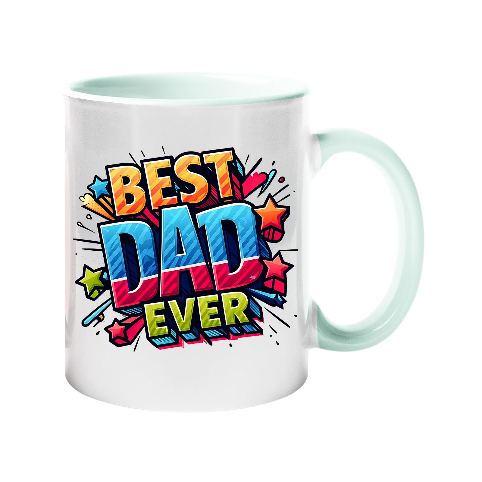 71joc2pznkl.jpg Colour handle mug with “Best Dad Ever” in bold comic-book lettering with stars – lime handle and inside