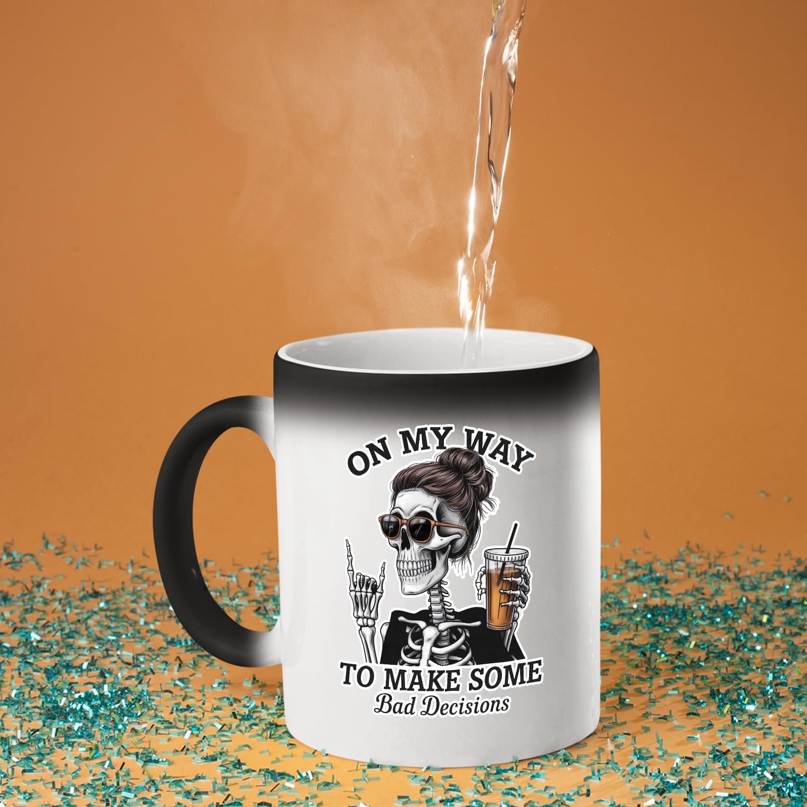71kaefpyyyl.jpg Hot water poured into the Bad Decisions skeleton colour changing mug as the design appears