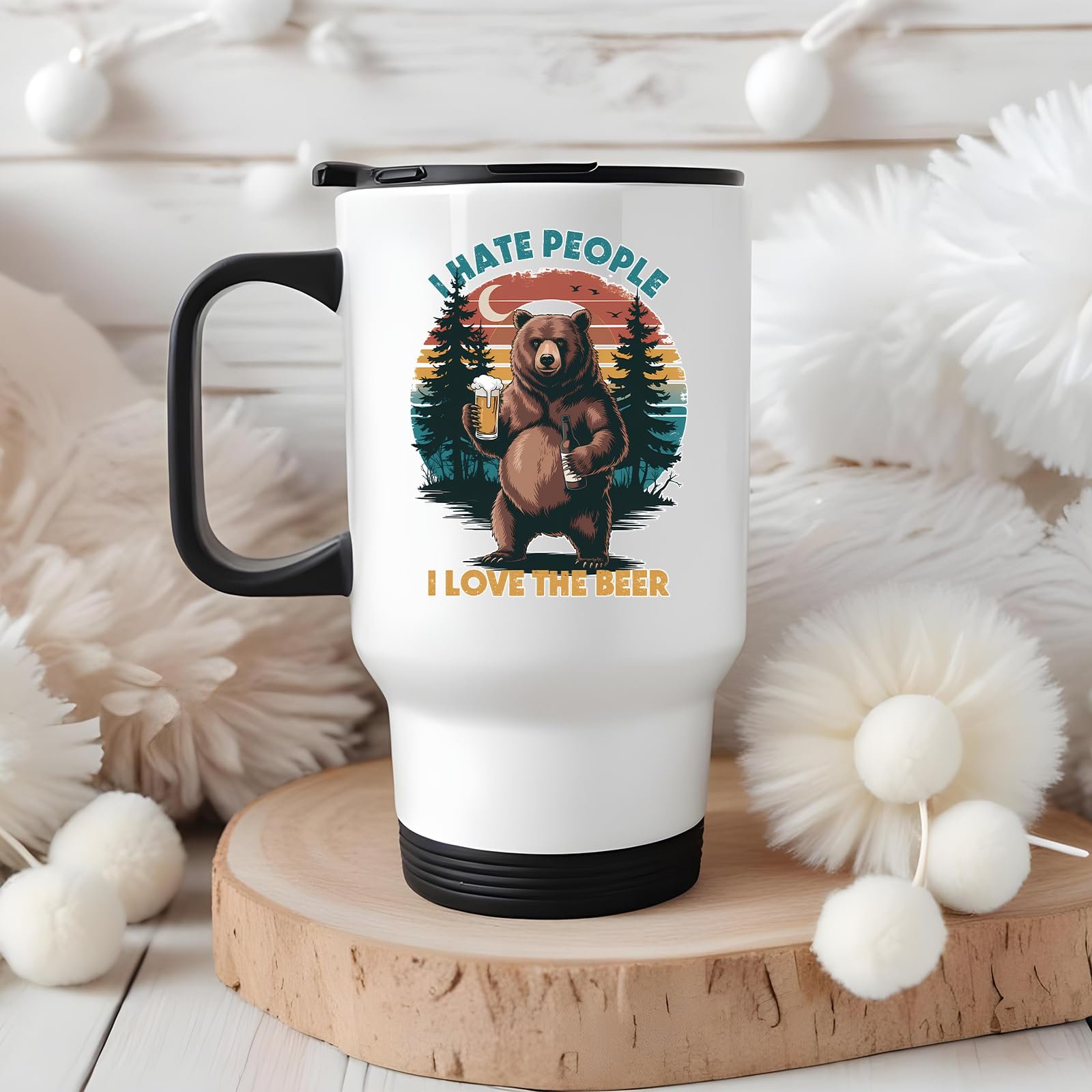 71kvl0jpufl.jpg beer-loving bear travel mug on a wooden slice with white pom-poms