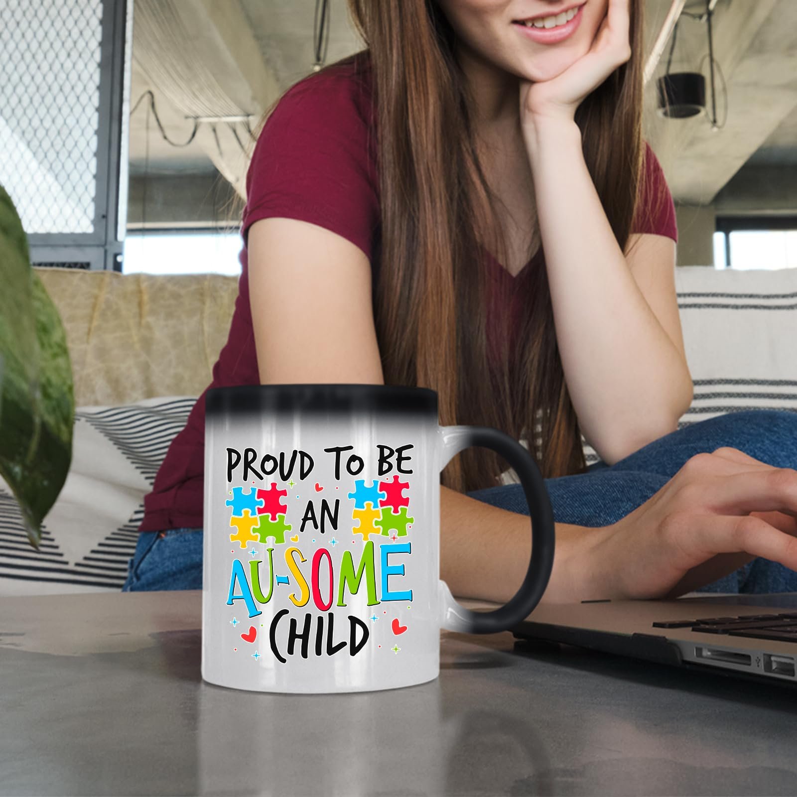 71kww53xtrl.jpg Woman at a laptop with the Proud to Be an Au-Some Child colour changing mug