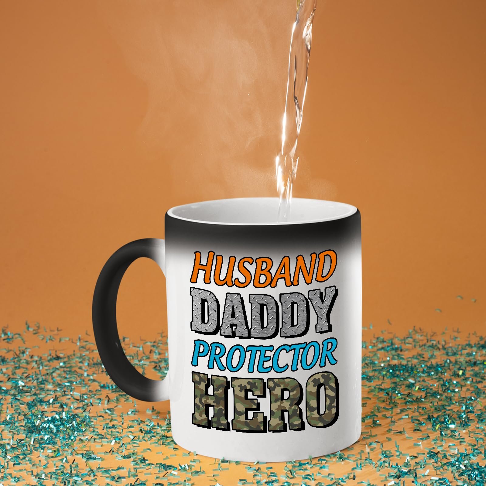 71kdivf1nrl.jpg Hot water poured into the Husband Daddy Protector Hero camo colour changing mug as the design appears