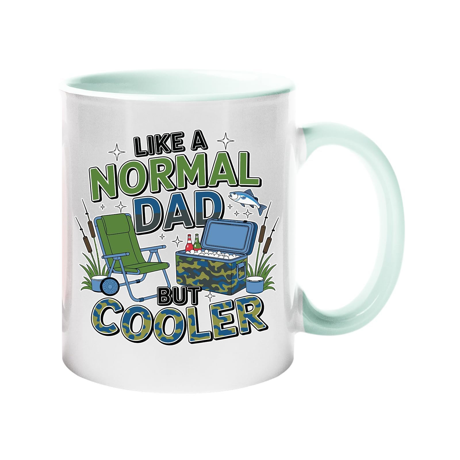 71kmvugkyql.jpg Colour handle mug with camping chairs, a cool box and a fishing rod with “Like a normal dad, but cooler” – lime handle and inside