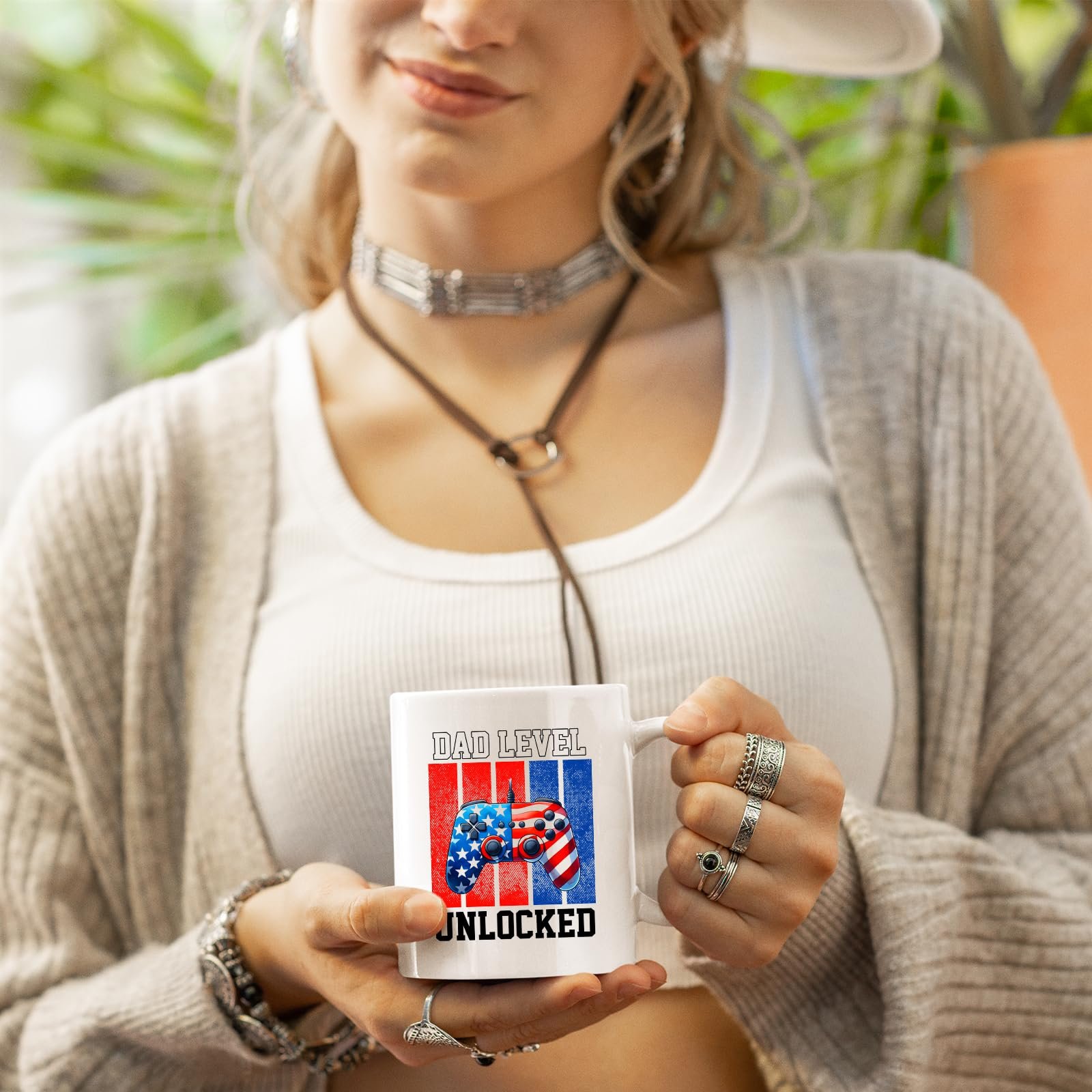 71l lxr9mpl.jpg Woman in a cardigan holding the Dad Level Unlocked mug
