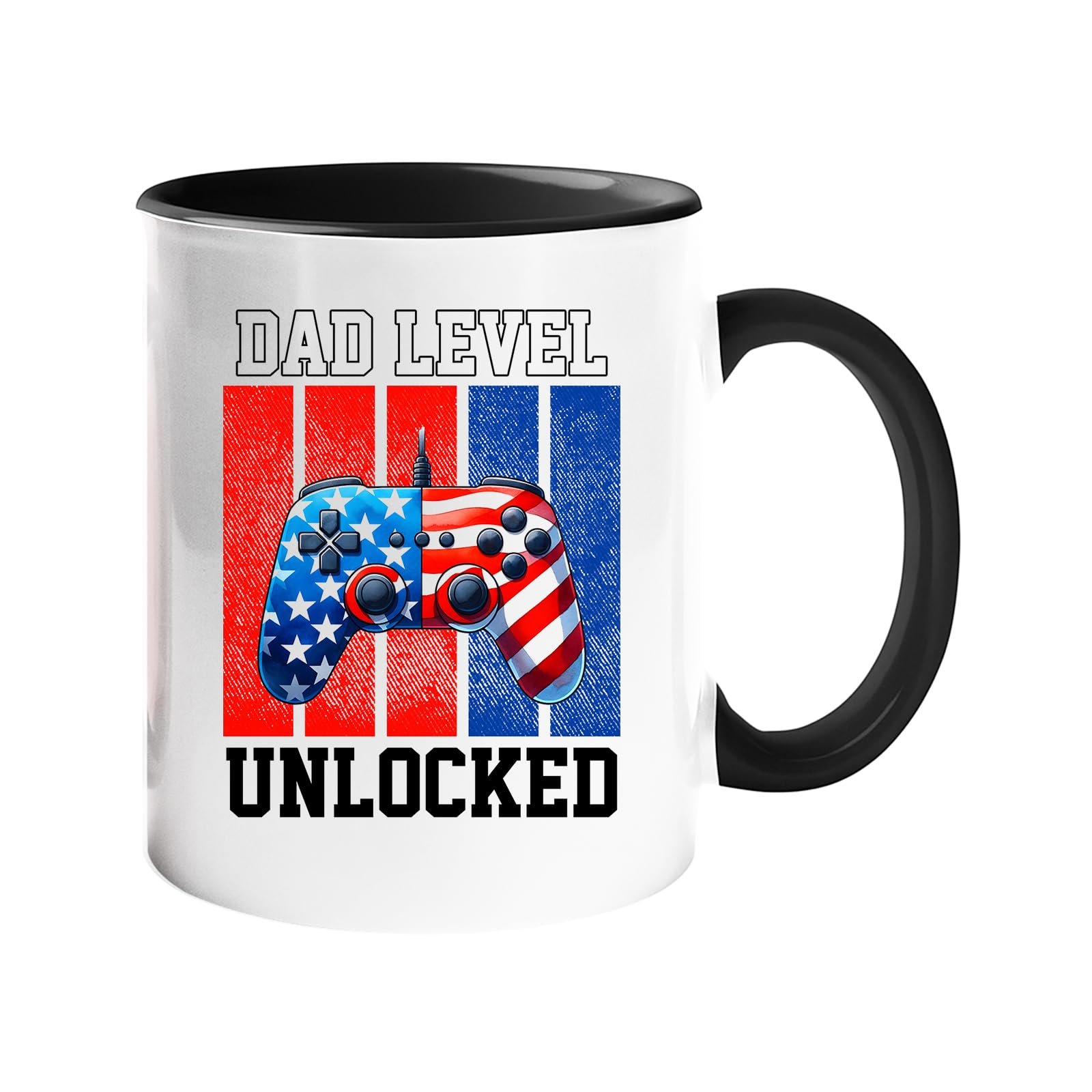 71lnaagferl.jpg Colour handle mug with a stars-and-stripes game controller and “Dad level unlocked” – black handle and inside