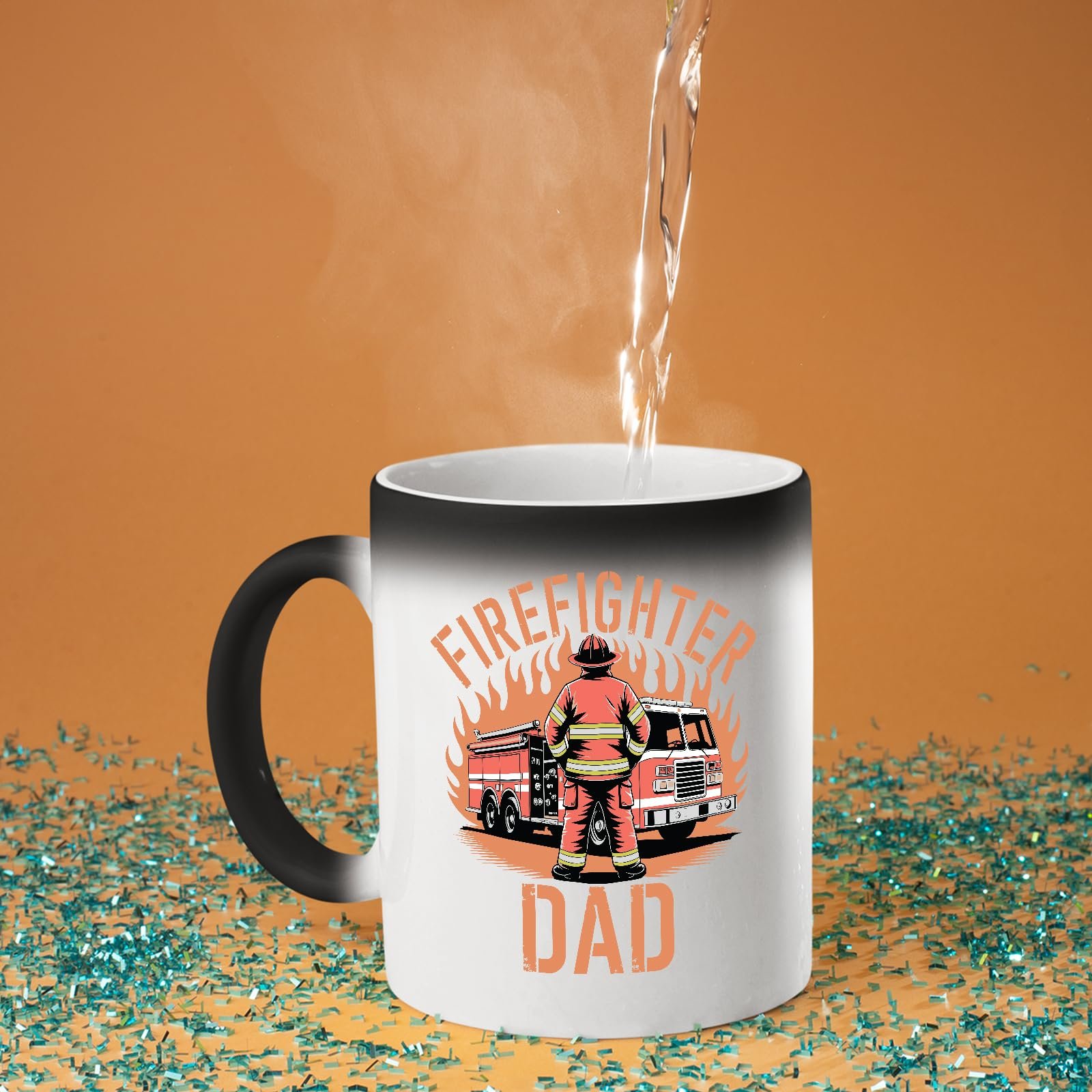 71mrhoi9ggl.jpg Hot water poured into the Firefighter Dad colour changing mug as the design appears