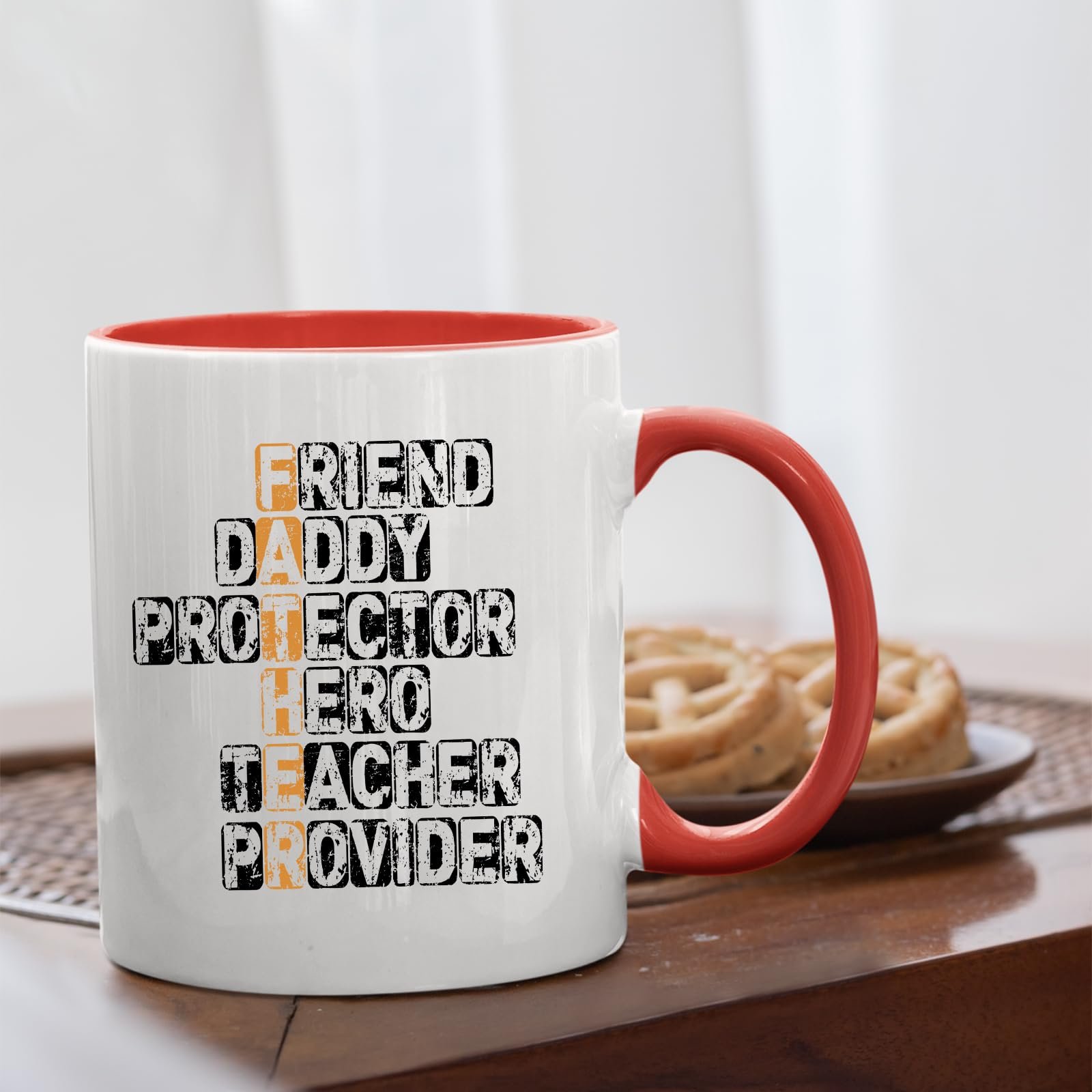 71muyzi9bfl.jpg FATHER acrostic mug with a red handle beside biscuits