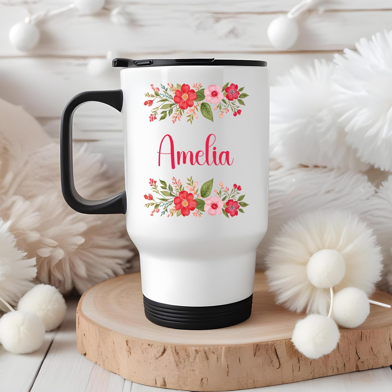 71n2rj0kpil.jpg Travel mug with a red flower border around an example name in a cosy winter setting