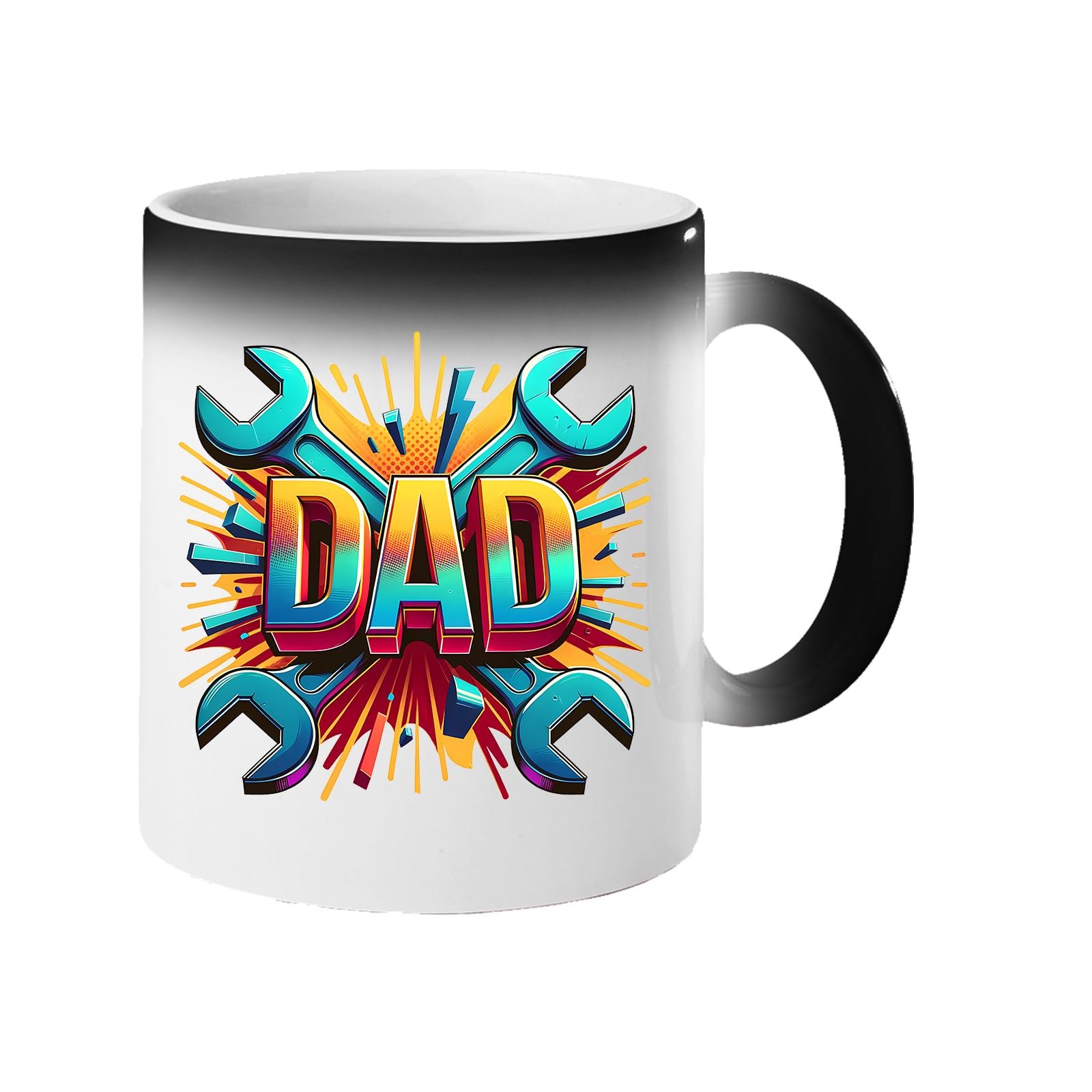 71n3up5hkll.jpg Colour changing mug revealing a comic-style “DAD” on a burst of crossed spanners