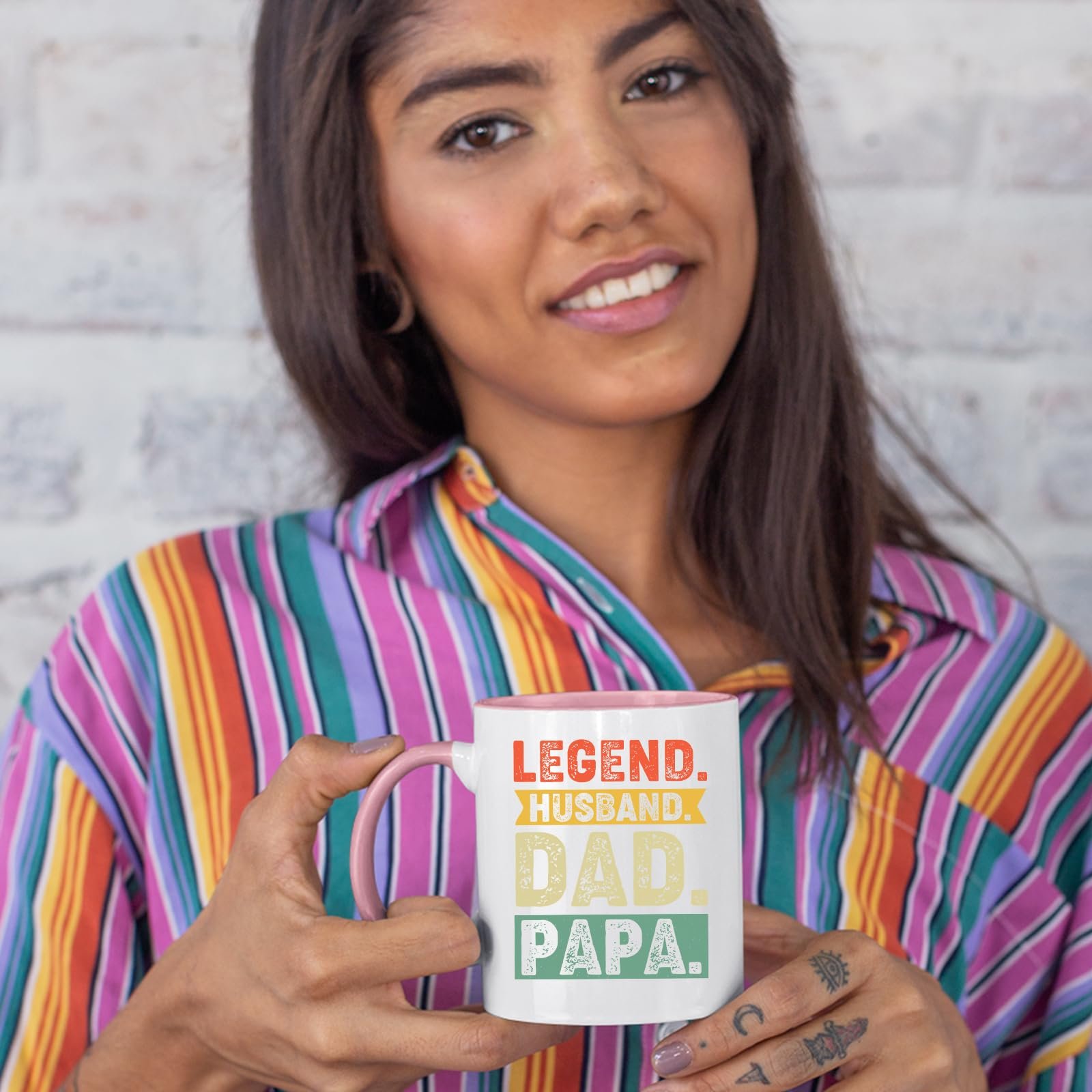 71nbon aezl.jpg Woman in a striped shirt holding the Legend Husband Dad Papa colour handle mug
