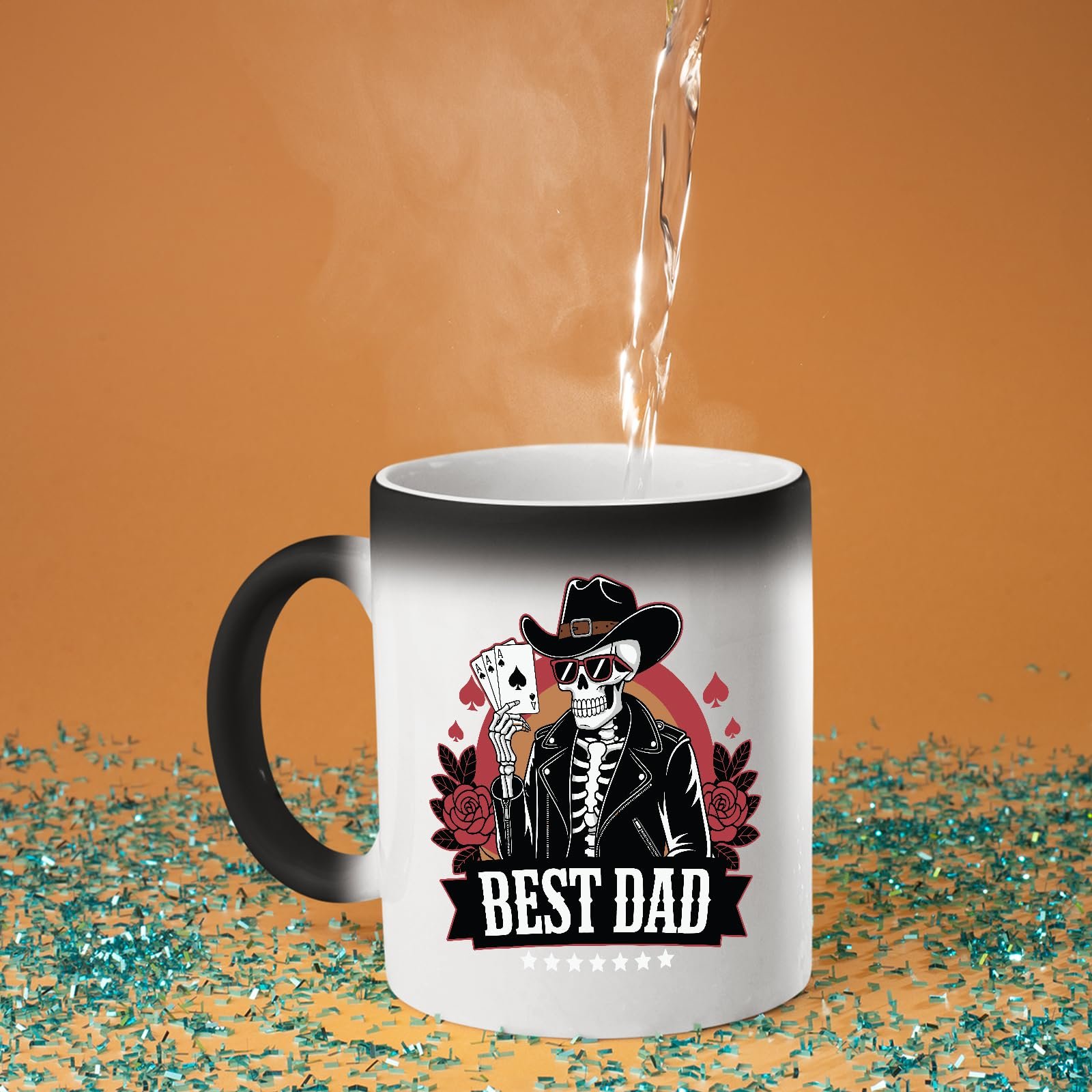 71nfa8mdyml.jpg Hot water poured into the Best Dad skeleton cowboy colour changing mug as the design appears