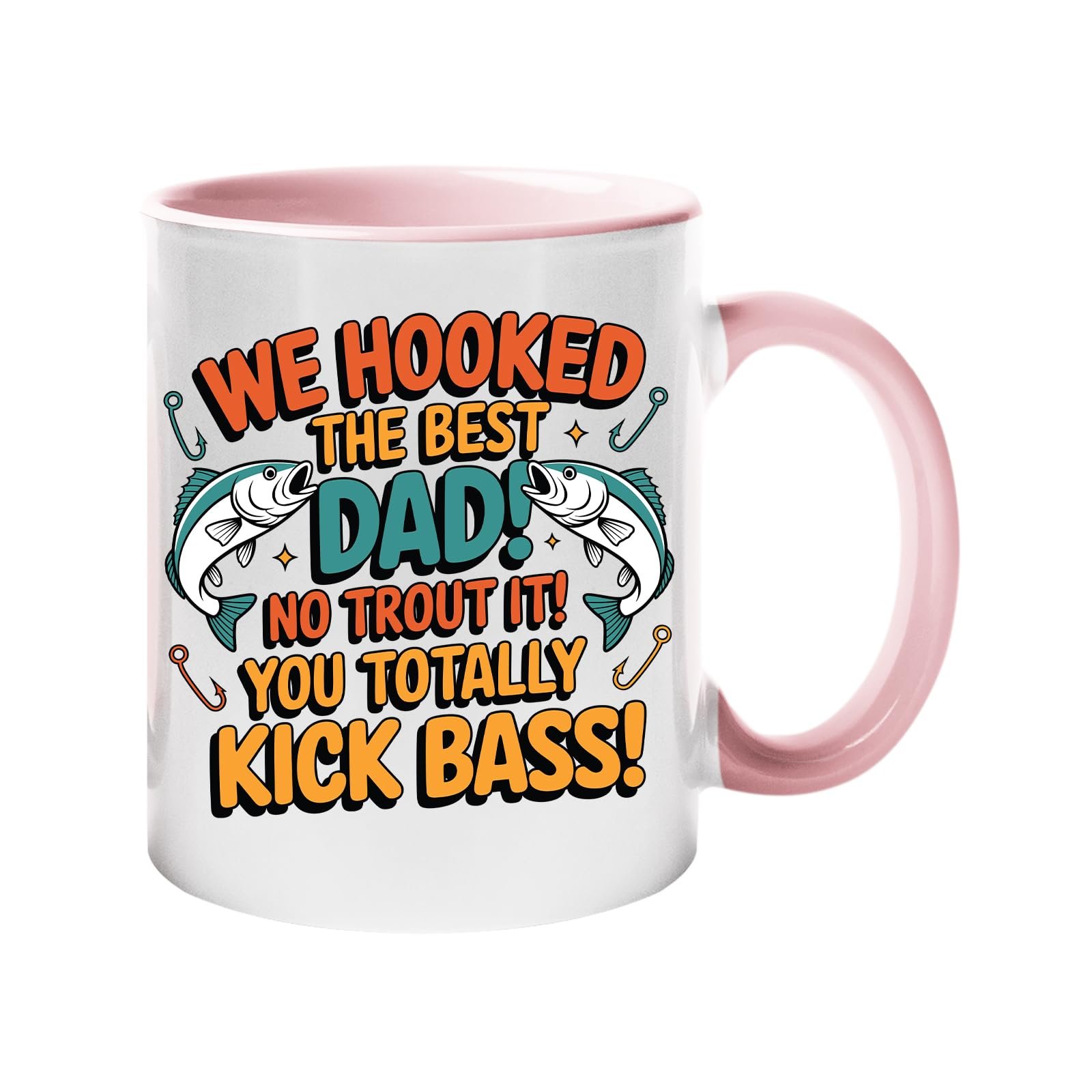 71o0rrbnenl.jpg Colour handle mug with two leaping fish and “We hooked the best Dad! No trout about it! You totally kick bass!” – light pink handle and inside