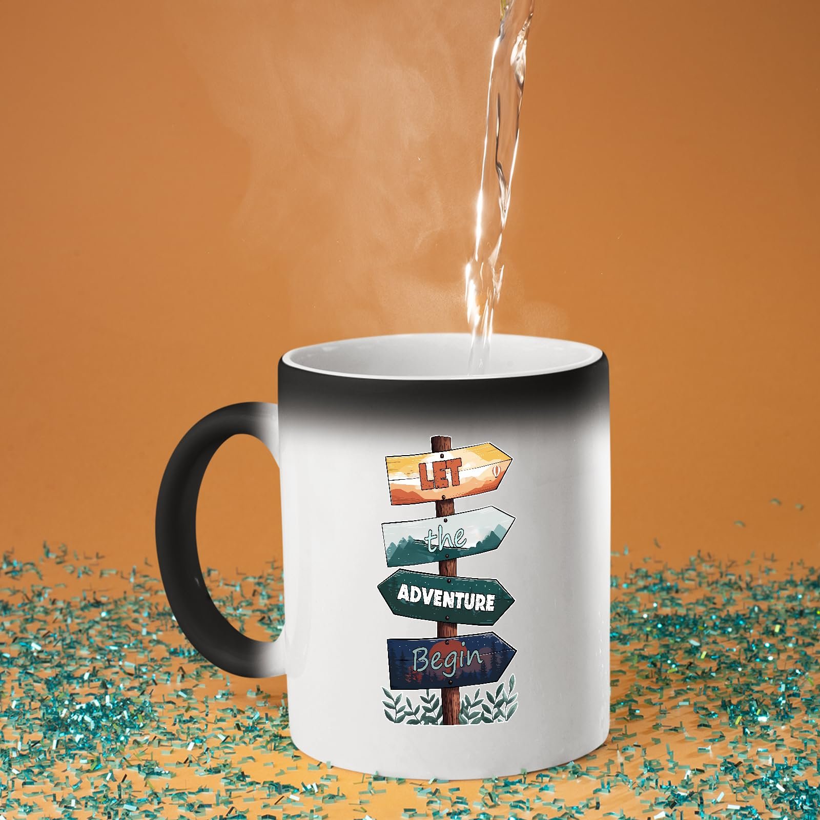 71ofnpic3ll.jpg Hot water poured into the Let the Adventure Begin colour changing mug as the design appears