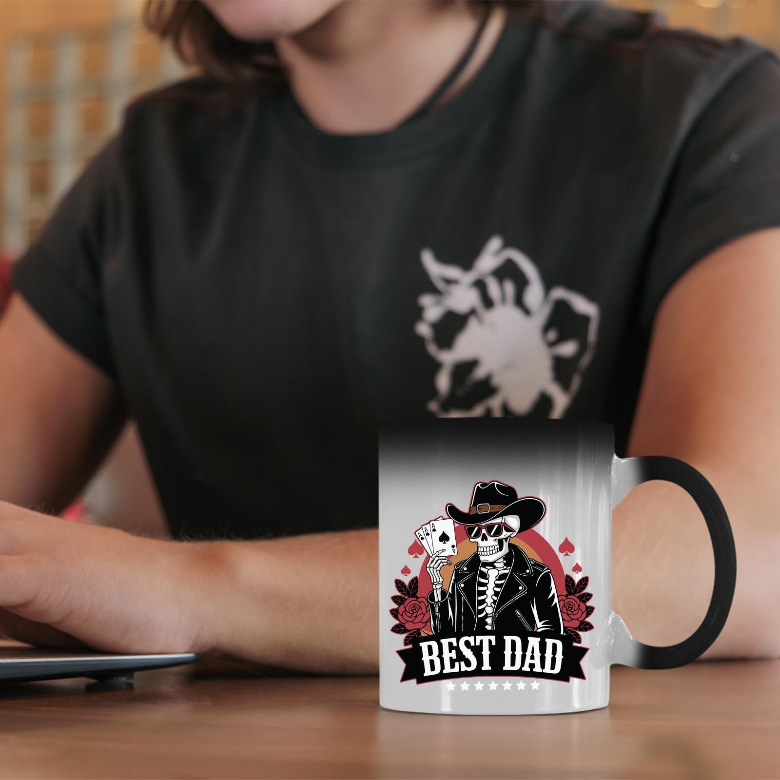 71ovm62je9l.jpg Best Dad skeleton cowboy colour changing mug on a desk beside a laptop