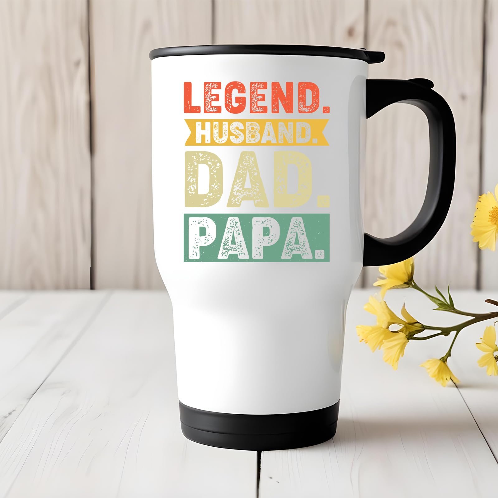 71oewpybtjl.jpg Legend Husband Dad Papa travel mug on a white wooden table with yellow flowers