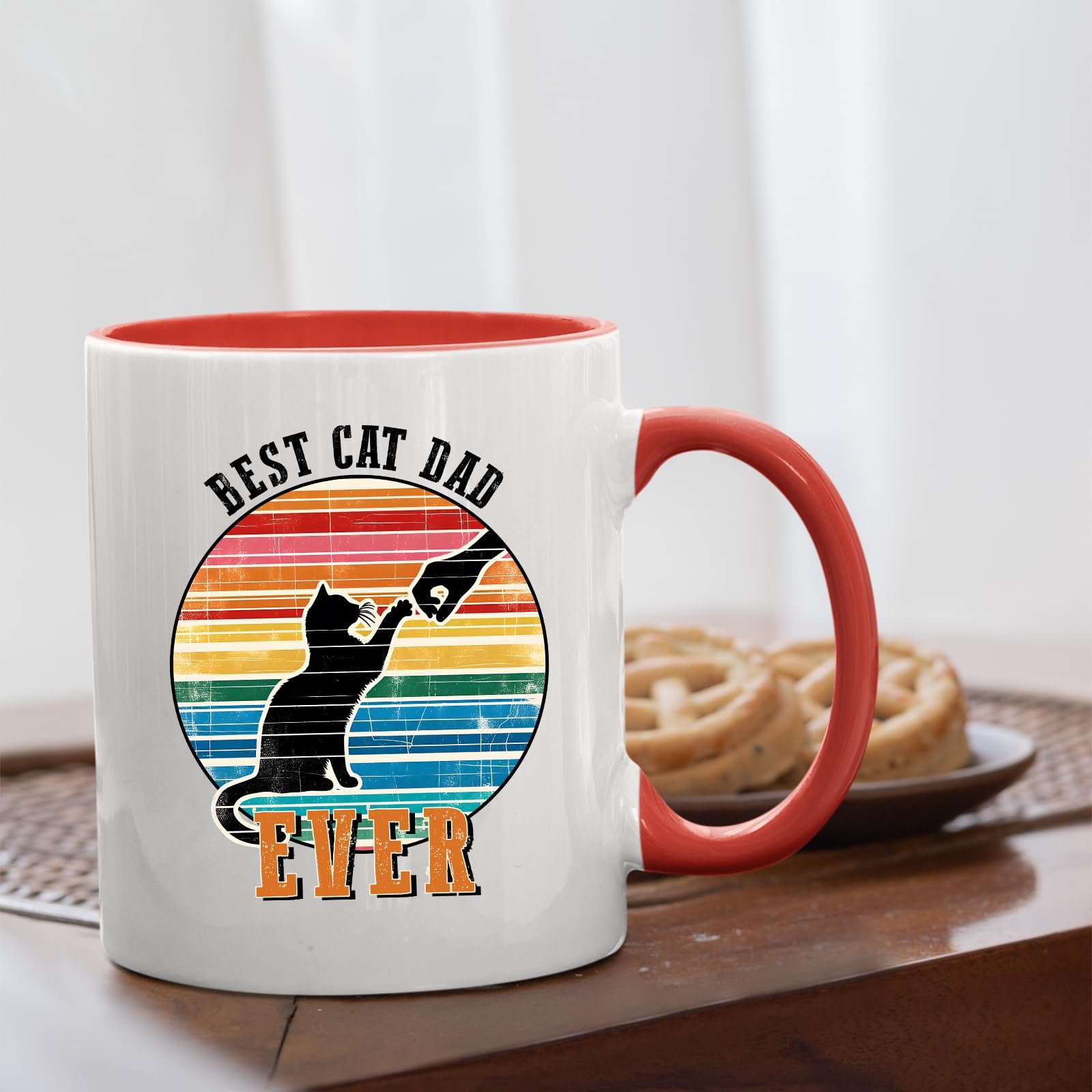 71ofxtig3yl.jpg Best Cat Dad Ever mug with a red handle beside biscuits