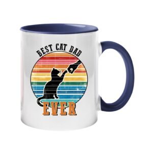 Colour handle mug with a black cat against a retro rainbow sunset with “Best Cat Dad Ever” – black handle and inside