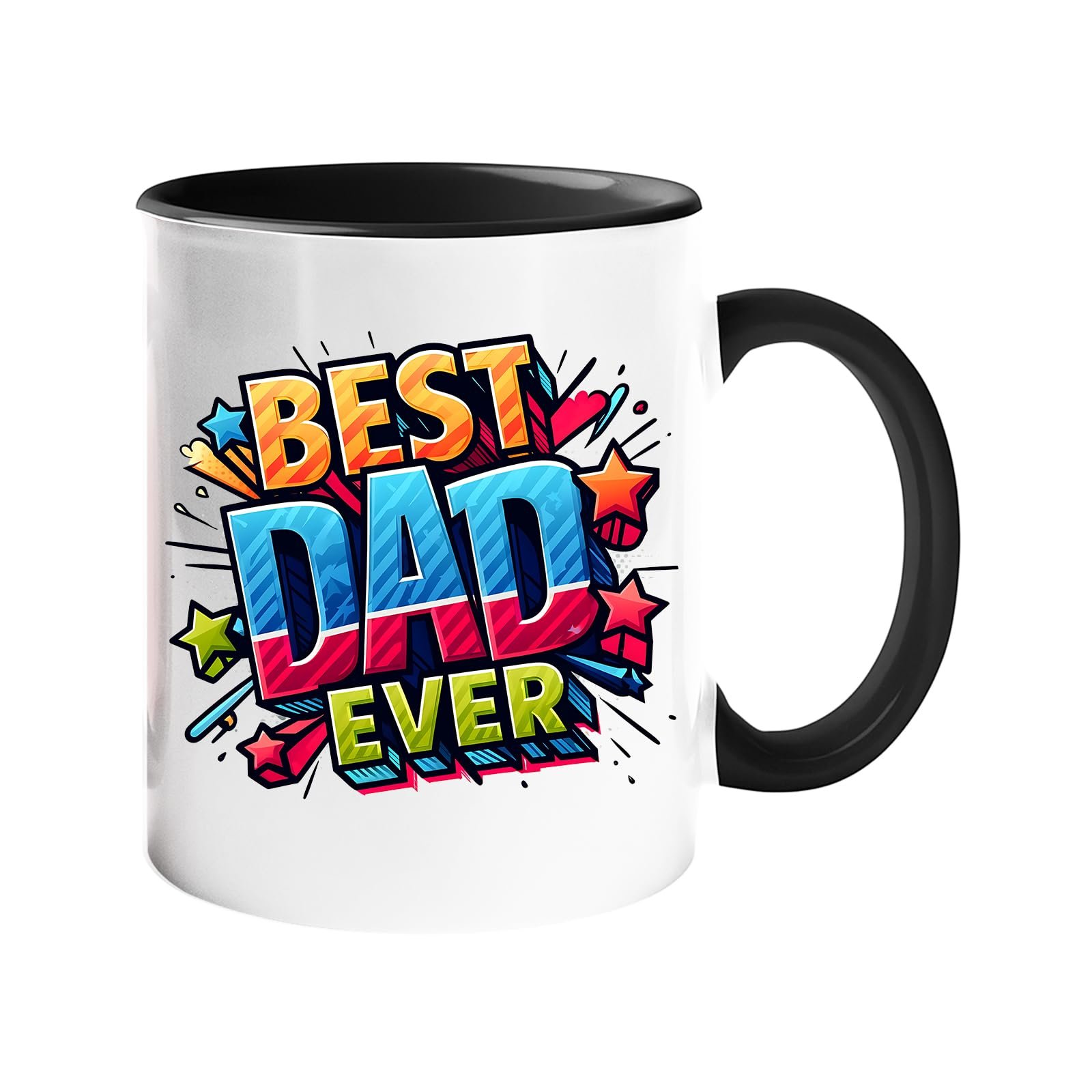 71pfiol0qml.jpg Colour handle mug with “Best Dad Ever” in bold comic-book lettering with stars – black handle and inside