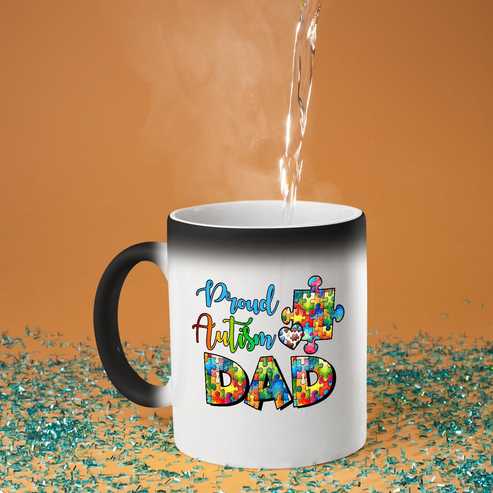 71qqh6 jyfl.jpg Hot water poured into the Proud Autism Dad colour changing mug as the design appears