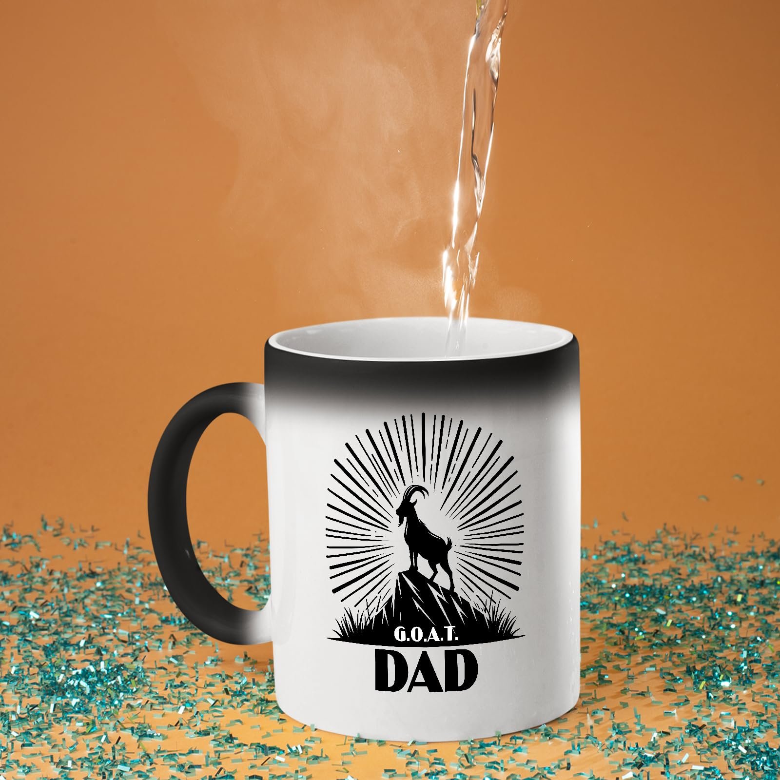 71rj0dxrkdl.jpg Hot water poured into the GOAT Dad colour changing mug as the design appears
