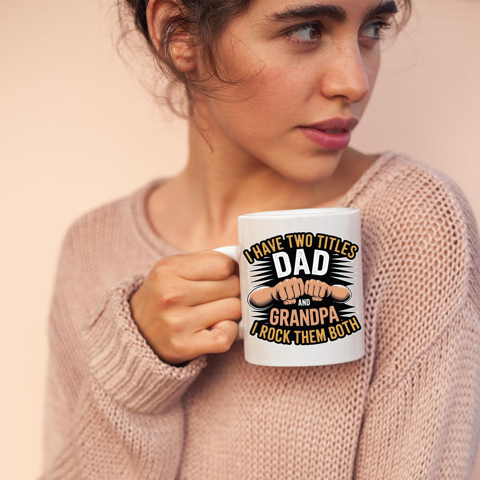 71rna3wgu9l.jpg Woman in a pink jumper holding the Two Titles Dad and Grandpa mug