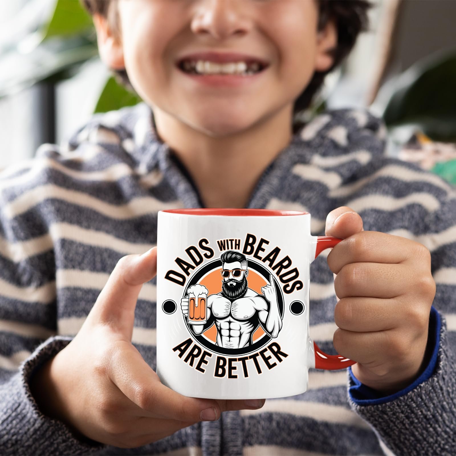 71rsatt isl.jpg Smiling child holding the Dads with Beards mug with a red handle