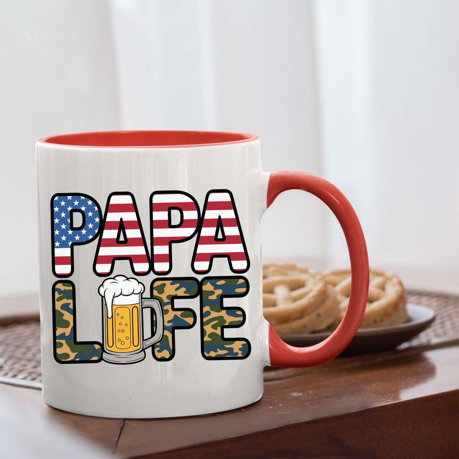 71s3blh04dl.jpg Papa Life mug with a red handle beside biscuits