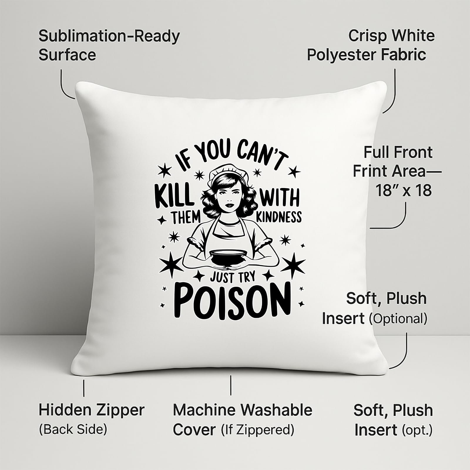 71sarblrcdl.jpg Just Try Poison cushion with labels for 18 x 18 inch print area, hidden zip and washable cover