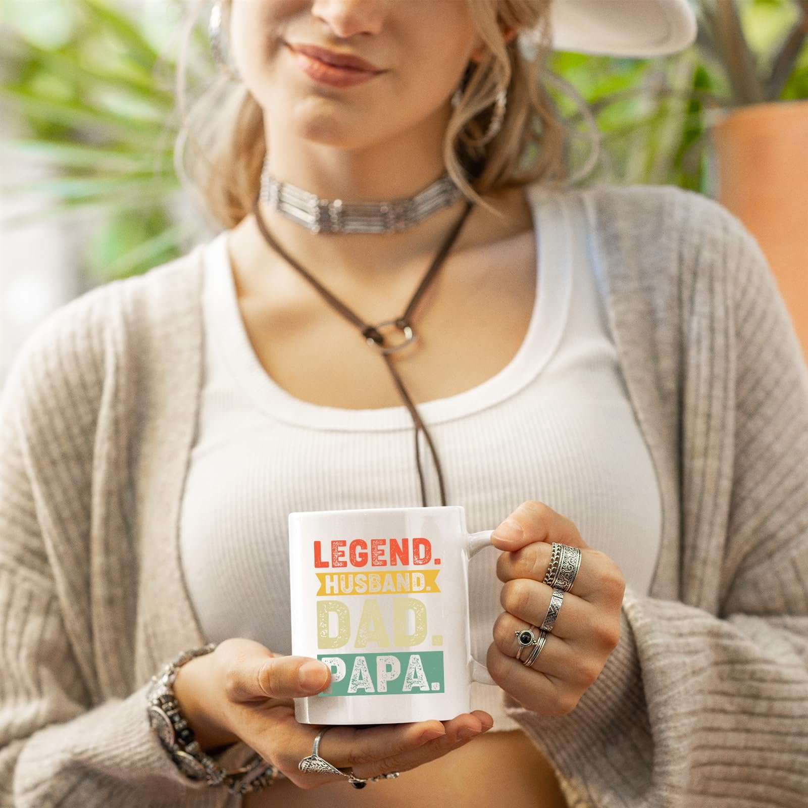 71tgcflh48l.jpg Woman in a cardigan holding the Legend Husband Dad Papa mug