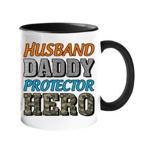 Colour handle mug with “Husband, Daddy, Protector, Hero” in orange, grey, blue and camo letters – black handle and inside