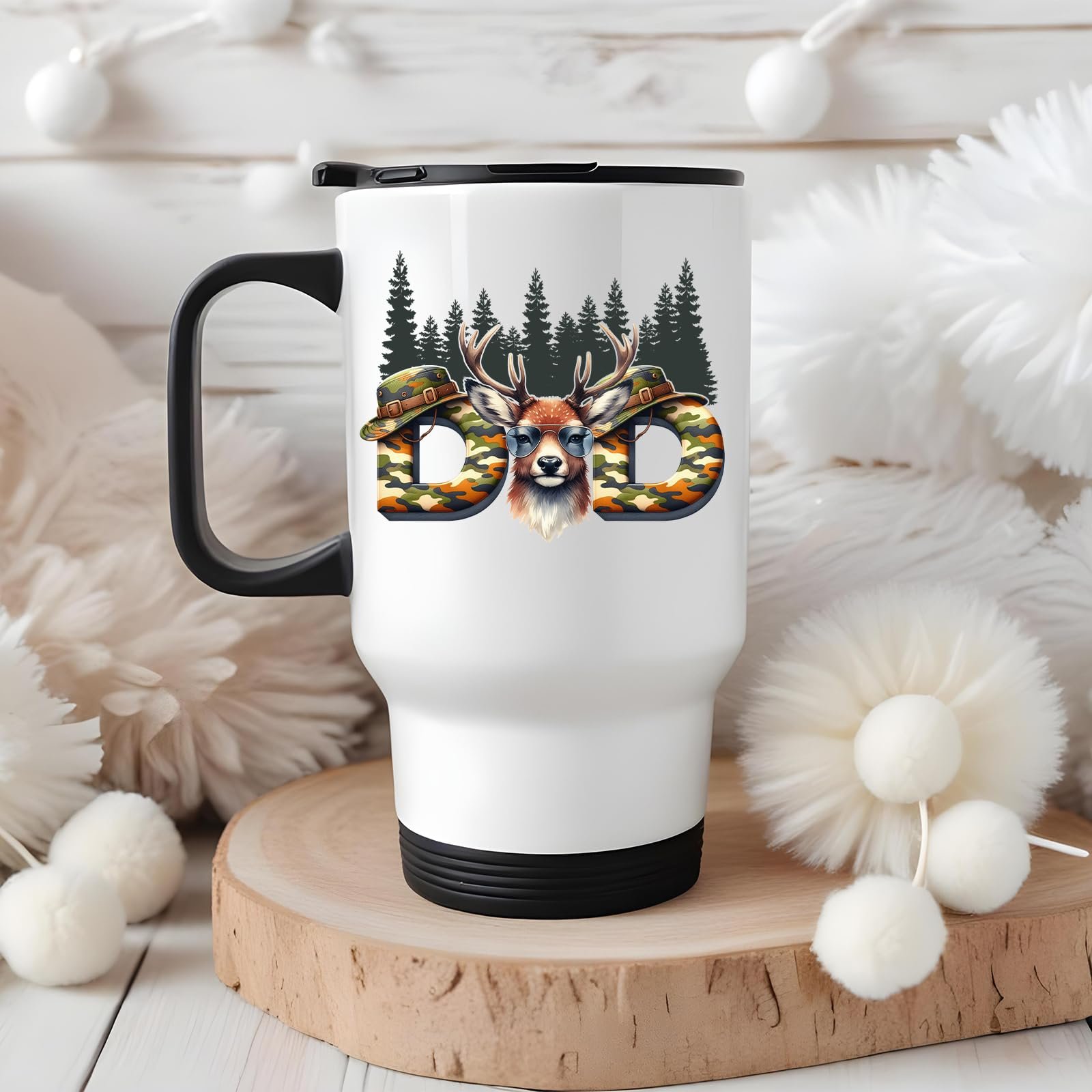 71uoavpmktl.jpg Hunting Dad deer travel mug on a wooden slice with white pom-poms