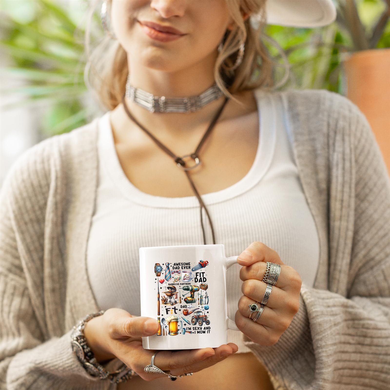 71u wenmaul.jpg Woman in a cardigan holding the Awesome Dad Ever icons mug