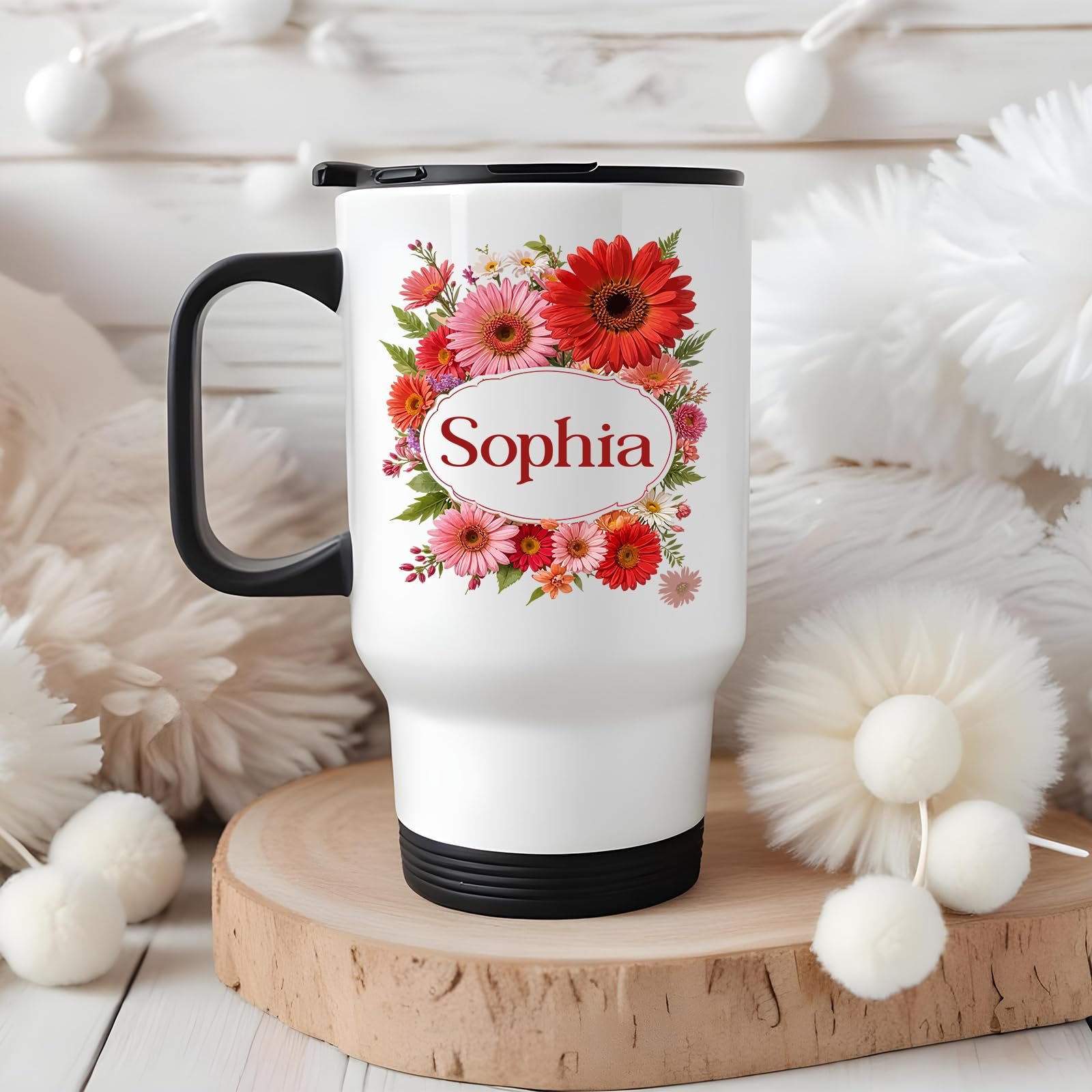 71wlavxe8ul.jpg Travel mug with a red gerbera wreath around an example name in a cosy winter setting