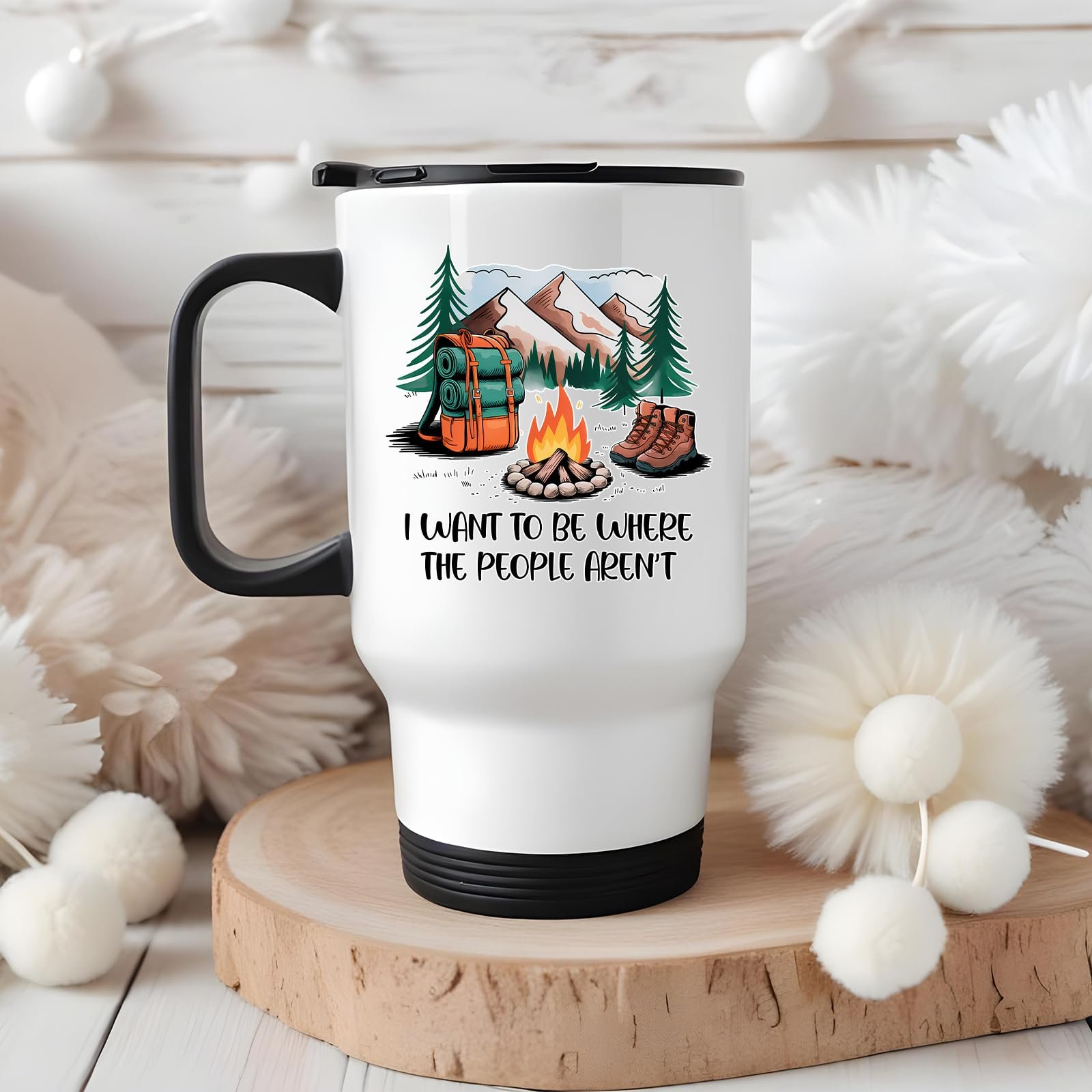 71x7yr8jvml.jpg camping escape travel mug on a wooden slice with white pom-poms