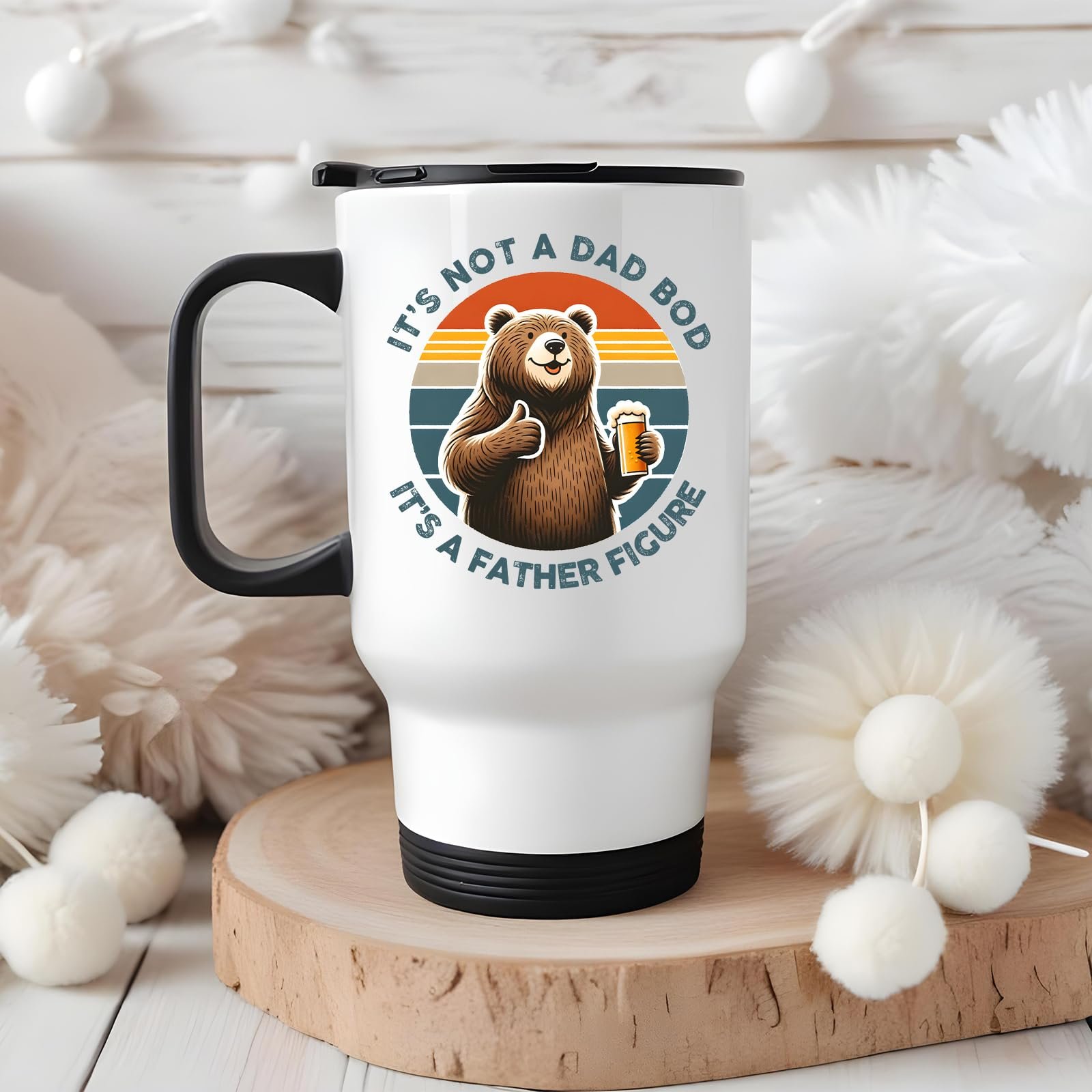 71xdacprogl.jpg Dad Bod bear travel mug on a wooden slice with white pom-poms